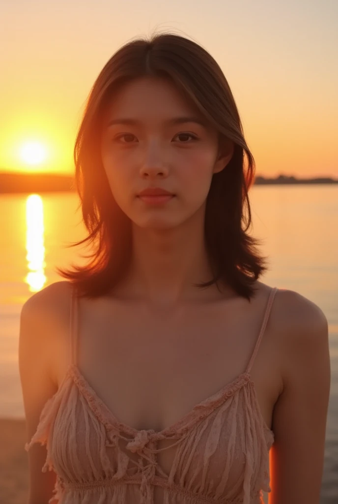 8K, (Surrealistic: 1.35), (realistic: 1.4), 1 Beautiful Japan Girls, smile, One, light makeup, masterpiece, excellent quality, high quality, puberty, (((Completely ?????)))、 ((perfect body)), ((best image quality)), ((time)), ((very delicate and beautiful)), ((very shallow depth of field)), nffsw, ((incredibly shallow depth of field. familiar with)), (((very delicate and beautiful))), (((very shallow depth of field))), nffsw, (((incredibly absurd))), (((perfect body))), ((Completely ?????！ )))), (((shoulder length hair)))), (((Camera Eye))), (((small))), (((幸せな最高のsmile))), poor, Own + background, dynamic angle, female focus, {particles of light}, detailed background, ((paul hedley)), soft lighting, (dramatic) sunset), sunset, very beautiful sunset, live action, realistic, top angle, かわいいsmile, (background blur), 18-year-old, skinny, ((strong wind)), ((movement ))), ((emotion)), ((colorful)), ((baby face)), ((beautiful teeth)), wither, ocean background、