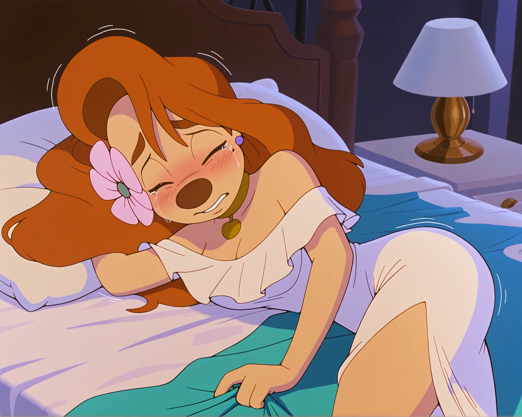 1girl, roxanne, furry female, white dress, lying on bed, hair flower, gold choker, lying on side, underneath covers, shy, fear, scared expression, sad, tears, blushing, eyes closed, crying, shivering, king size bed, huge bed, dimly lit room, dim lamplight, huge bed, massive bed, gigantic bed, big quilt, thick blankets, pillows, throw pillows, (masterpiece,best quality,newest,absurdres,highres)