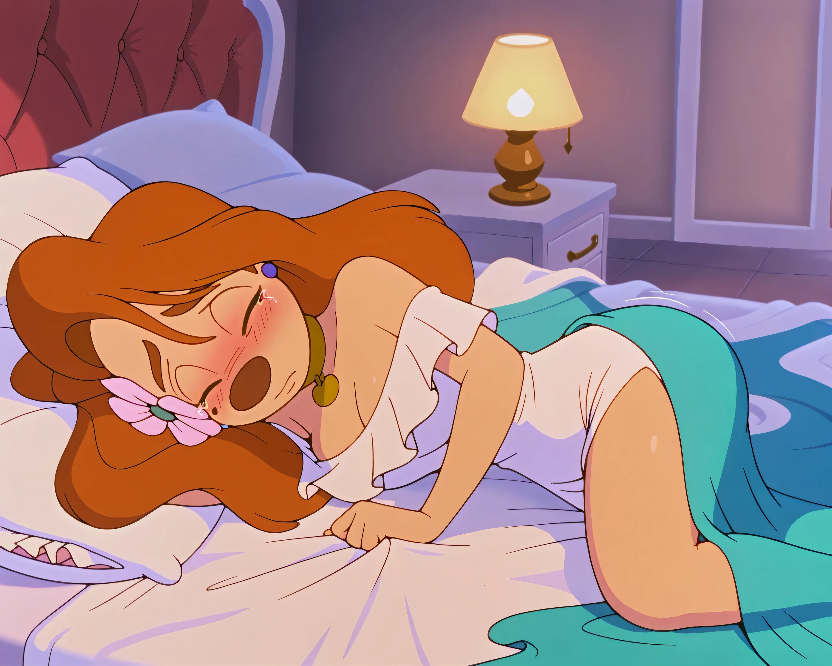 1girl, roxanne,  furry female, white dress, lying on bed, hair flower, gold choker, lying on side, underneath covers, shy, fear, scared expression, sad, tears, blushing, eyes closed, crying, shivering, king size bed, huge bed, dimly lit room, dim lamplight,  huge bed, massive bed, gigantic bed, big quilt, thick blankets, pillows, throw pillows, (masterpiece,best quality,newest,absurdres,highres) 