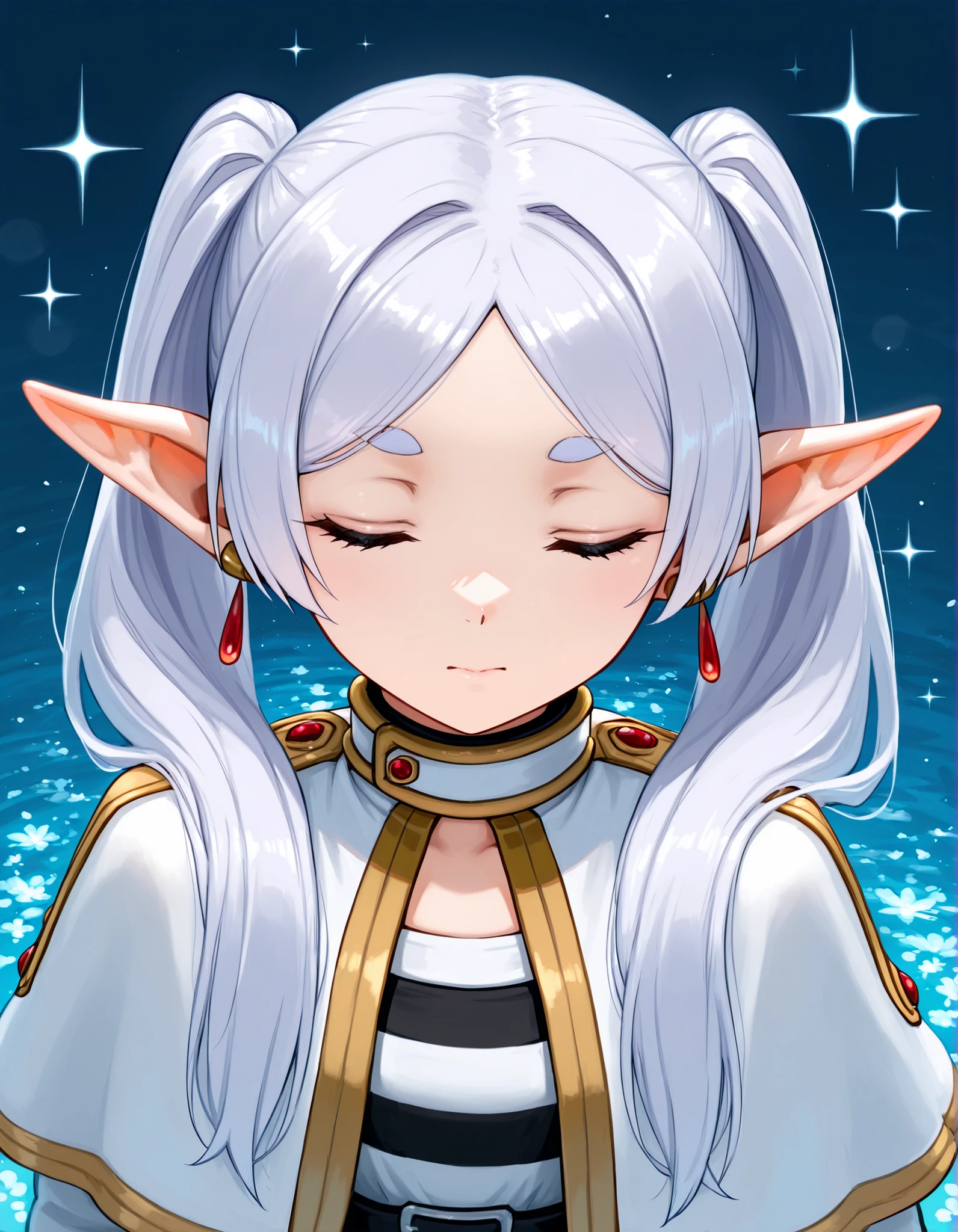 Photonoko,, masterpiece, best quality, very aesthetic, 1girl,, solo, Frieren, pointy ears, Freeze, Elf, Alone, twintails, jewelry, closed eyes, earrings, SPARKLE, Capelet, white Capelet, long hair, white hair, closed mouth, parted bangs, upper body, facing viewer ,,,masterpiece, best quality, newest, masterpiece, best quality, very aesthetic, highres, highres, absurdres