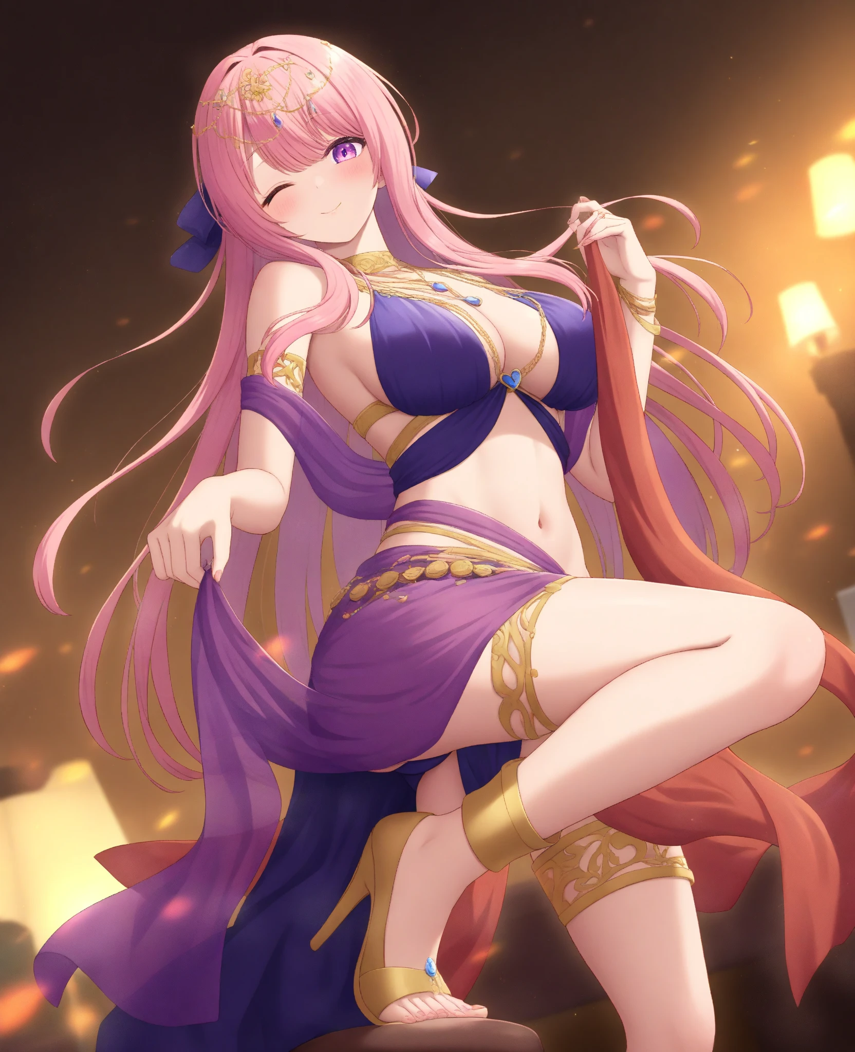 high quality, ultra detailed, best quality, insanely detailed, beautiful, masterpiece, 1girl, medieval plaza, cowboy shot, red eyes, long hair, purple hair, belly dancer, circlet, earrings, armlets, bracelets, bashful smile, large breasts, cleavage, soft stomach