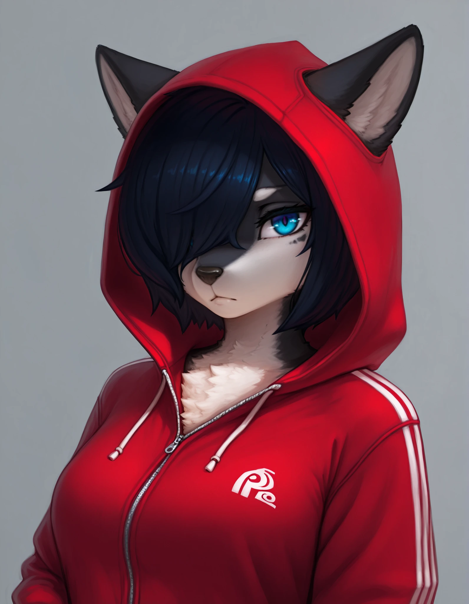 Photonoko,, masterpiece, best quality, very aesthetic, 1girl,, solo, hyper detailed, best quality, (furry:1.3), blue eyes, 1girl, looking at viewer, hood, closed mouth, short hair, grey background, black hair, hair over one eye, jacket,