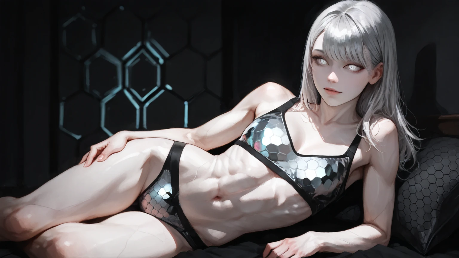 best quality, ultra highres, RAW photo, young woman with pale skin featuring hexagonal scale texture, metallic silver eyes, fit slender physique, toned abdomen, attractive features, minimal cleavage, glowing circuitry underwear, dark bedroom with minimal lighting, reclining on geometric hexagon patterned sheets, tech-noir atmosphere, bioluminescent accents, shallow depth of field