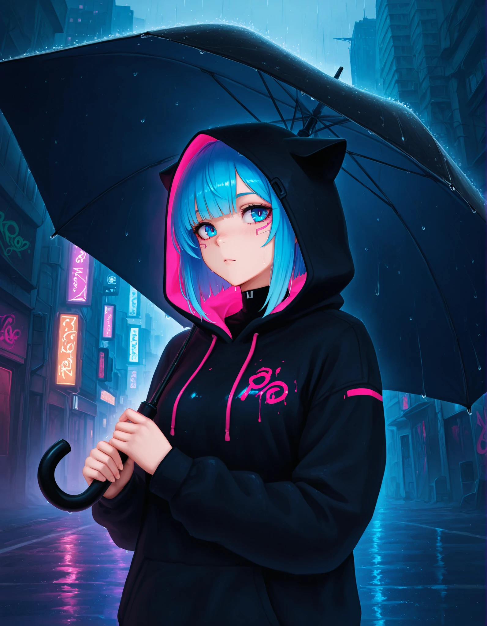 Photonoko,, solo, digital art, anime girl, bright pink and blue hair, bright blue eyes, black hood with graffiti, holding a black umbrella, vibrant neon colors of pink and blue, dripping paint effect, abstract rainy city background, dystopian buildings, street art, bold brushstrokes, cyberpunk style, dark, rainy, luminous, graffiti art, highly detailed, stylized art.