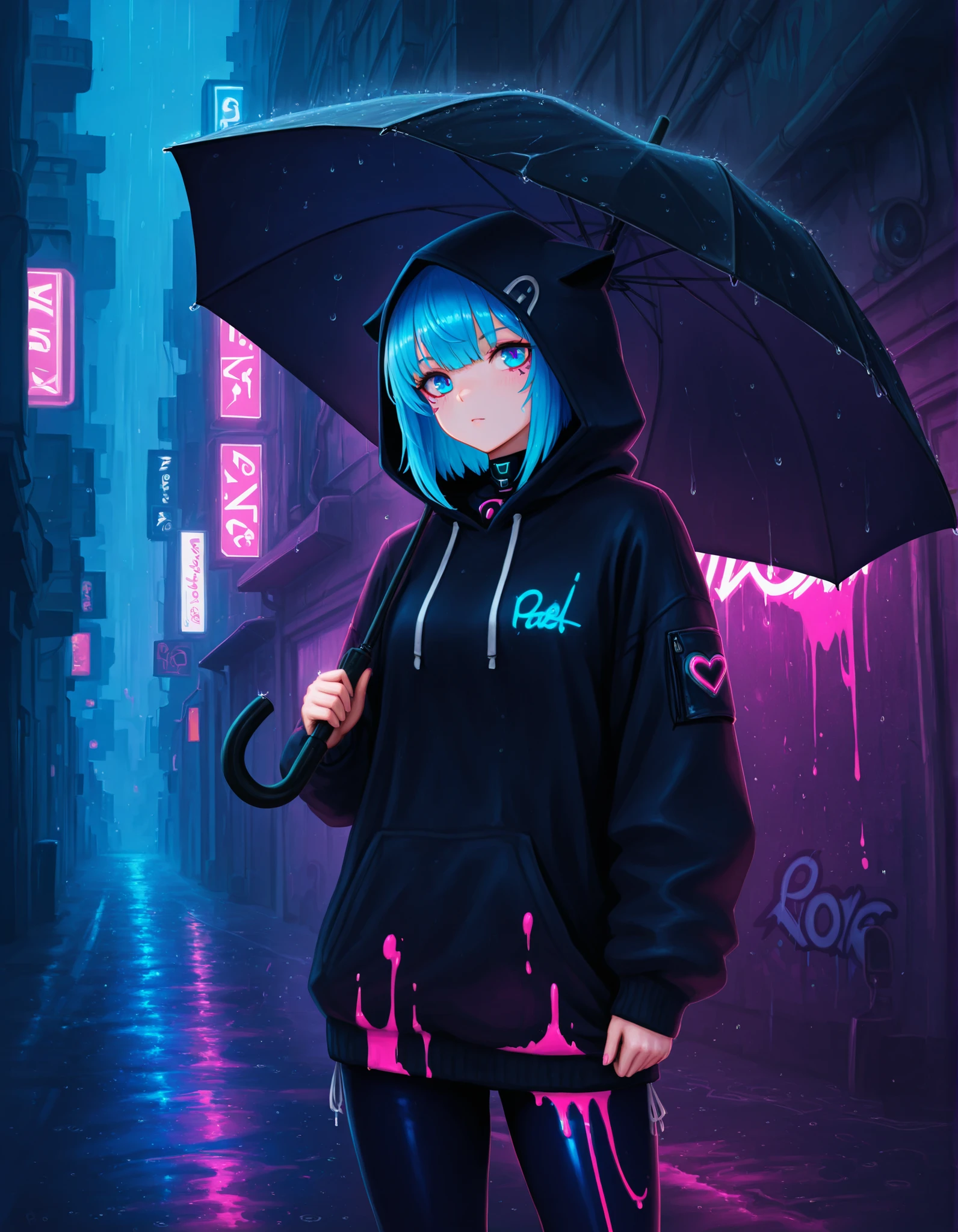Photonoko,, solo, digital art, anime girl, bright pink and blue hair, bright blue eyes, black hood with graffiti, holding a black umbrella, vibrant neon colors of pink and blue, dripping paint effect, abstract rainy city background, dystopian buildings, street art, bold brushstrokes, cyberpunk style, dark, rainy, luminous, graffiti art, highly detailed, stylized art.