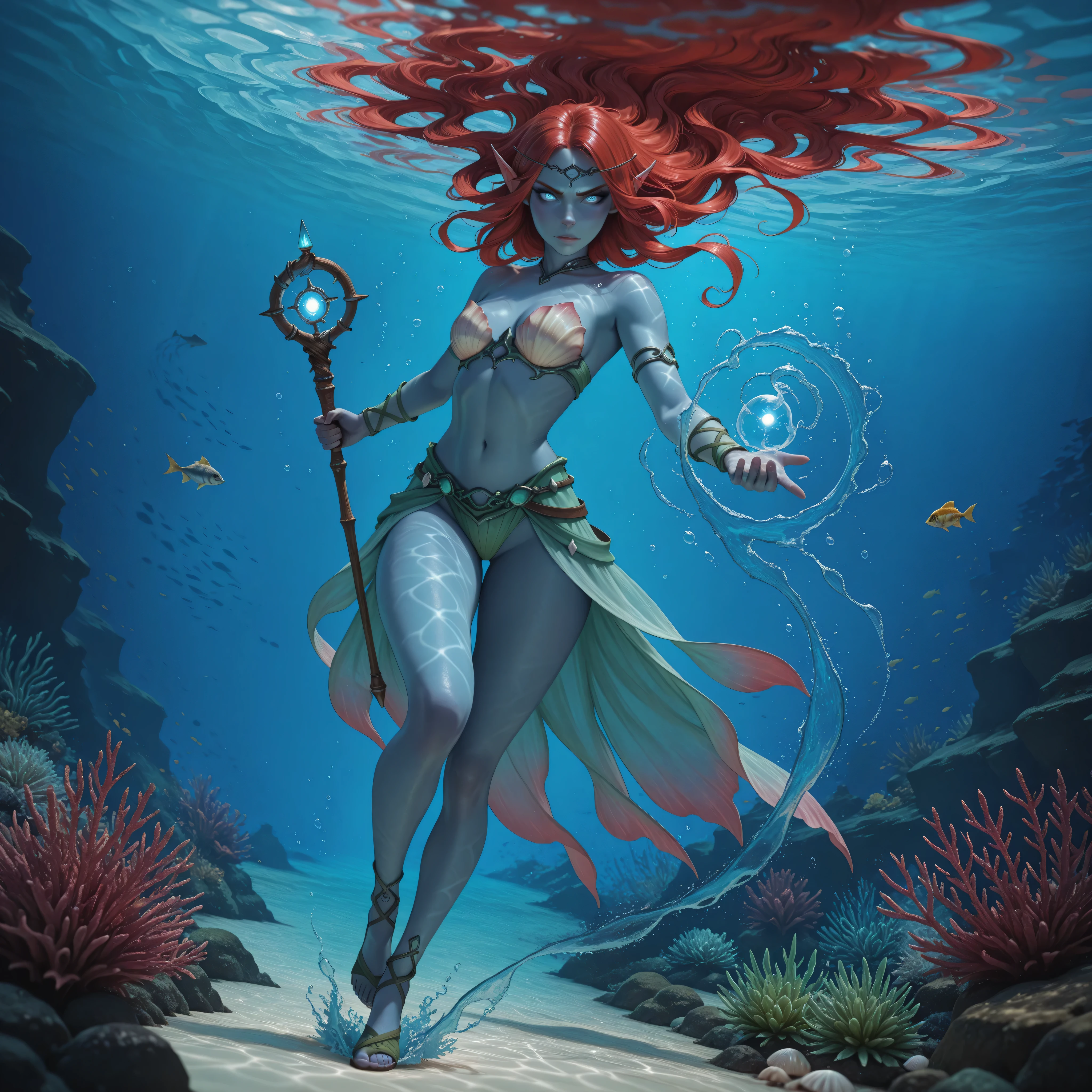 aidmaMJ6.1, full body shot, picture of a sea elf, water mage casting water control spell, water wizard, water magic, controlling a swirling mass of water, magical symbols, female sea elf, blue skin, red hair, long hair, swirling hair, intense eyes, small pointed ears, blue eyes, glowing eyes, armed with magical wand, wearing sea shell clothing, beautiful elf, underwater background, rich underwater life, magical atmosphere, fish and sea weeds high details, best quality, 16k, ultra detailed, masterpiece, best quality, (extremely detailed), dynamic angle, RAW, photorealistic, fantasy art, dnd art, rpg art, realistic art, , high details, best quality, highres, ultra wide angle