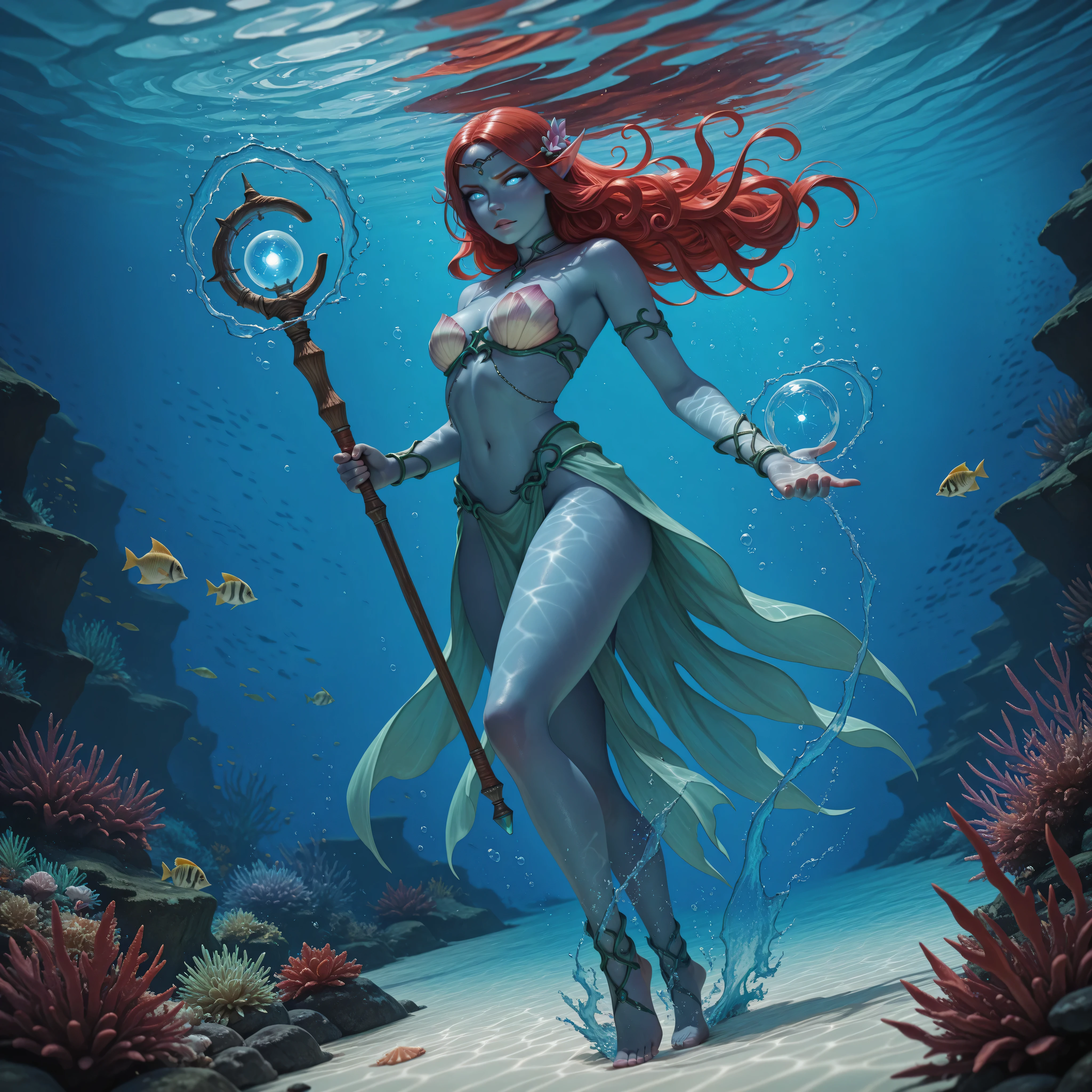 aidmaMJ6.1, full body shot, picture of a sea elf, water mage casting water control spell, water wizard, water magic, controlling a swirling mass of water, magical symbols, female sea elf, blue skin, red hair, long hair, swirling hair, intense eyes, small pointed ears, blue eyes, glowing eyes, armed with magical wand, wearing sea shell clothing, beautiful elf, underwater background, rich underwater life, magical atmosphere, fish and sea weeds high details, best quality, 16k, ultra detailed, masterpiece, best quality, (extremely detailed), dynamic angle, RAW, photorealistic, fantasy art, dnd art, rpg art, realistic art, , high details, best quality, highres, ultra wide angle