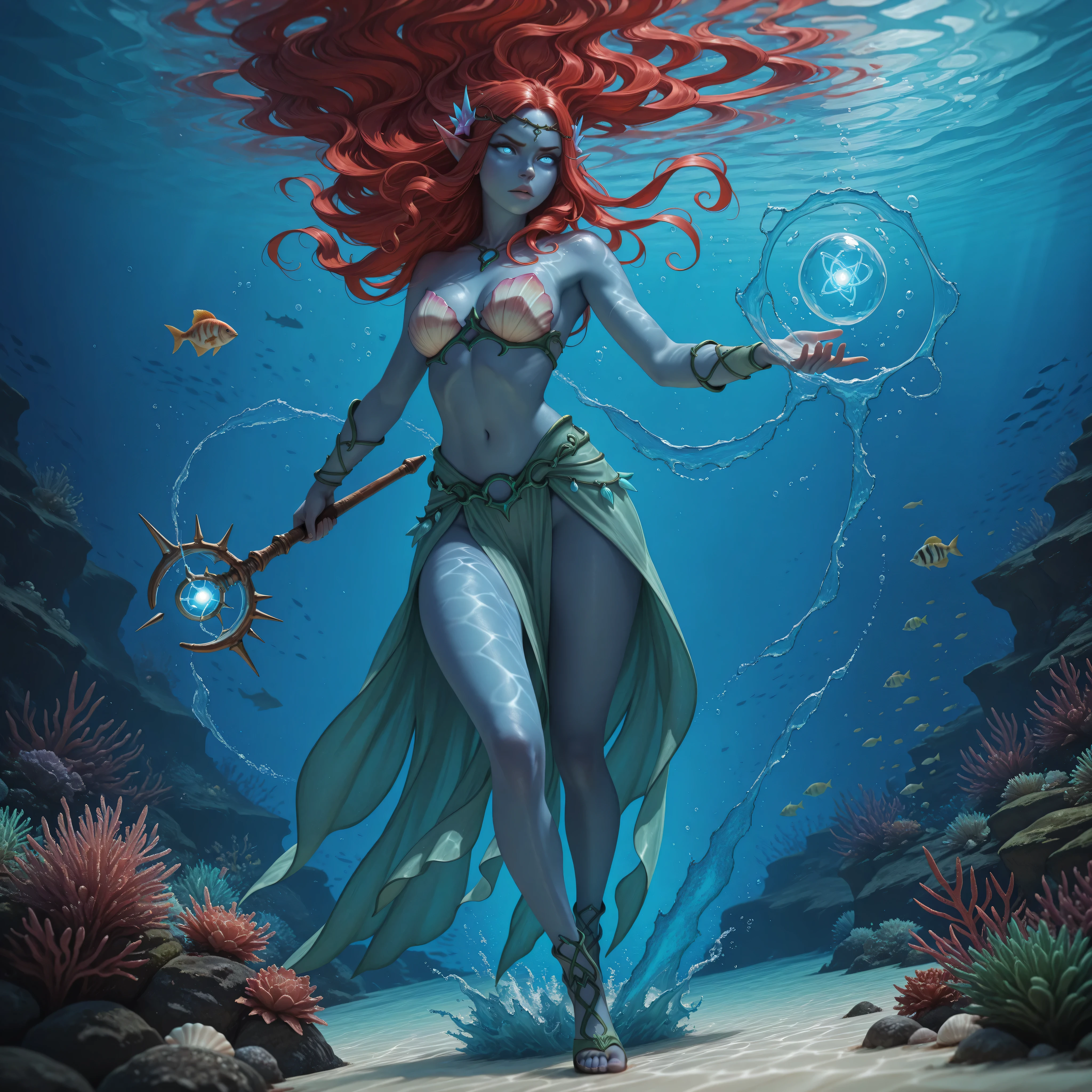 aidmaMJ6.1, full body shot, picture of a sea elf, water mage casting water control spell, water wizard, water magic, controlling a swirling mass of water, magical symbols, female sea elf, blue skin, red hair, long hair, swirling hair, intense eyes, small pointed ears, blue eyes, glowing eyes, armed with magical wand, wearing sea shell clothing, beautiful elf, underwater background, rich underwater life, magical atmosphere, fish and sea weeds high details, best quality, 16k, ultra detailed, masterpiece, best quality, (extremely detailed), dynamic angle,  RAW, photorealistic, fantasy art, dnd art, rpg art, realistic art, , high details, best quality, highres, ultra wide angle