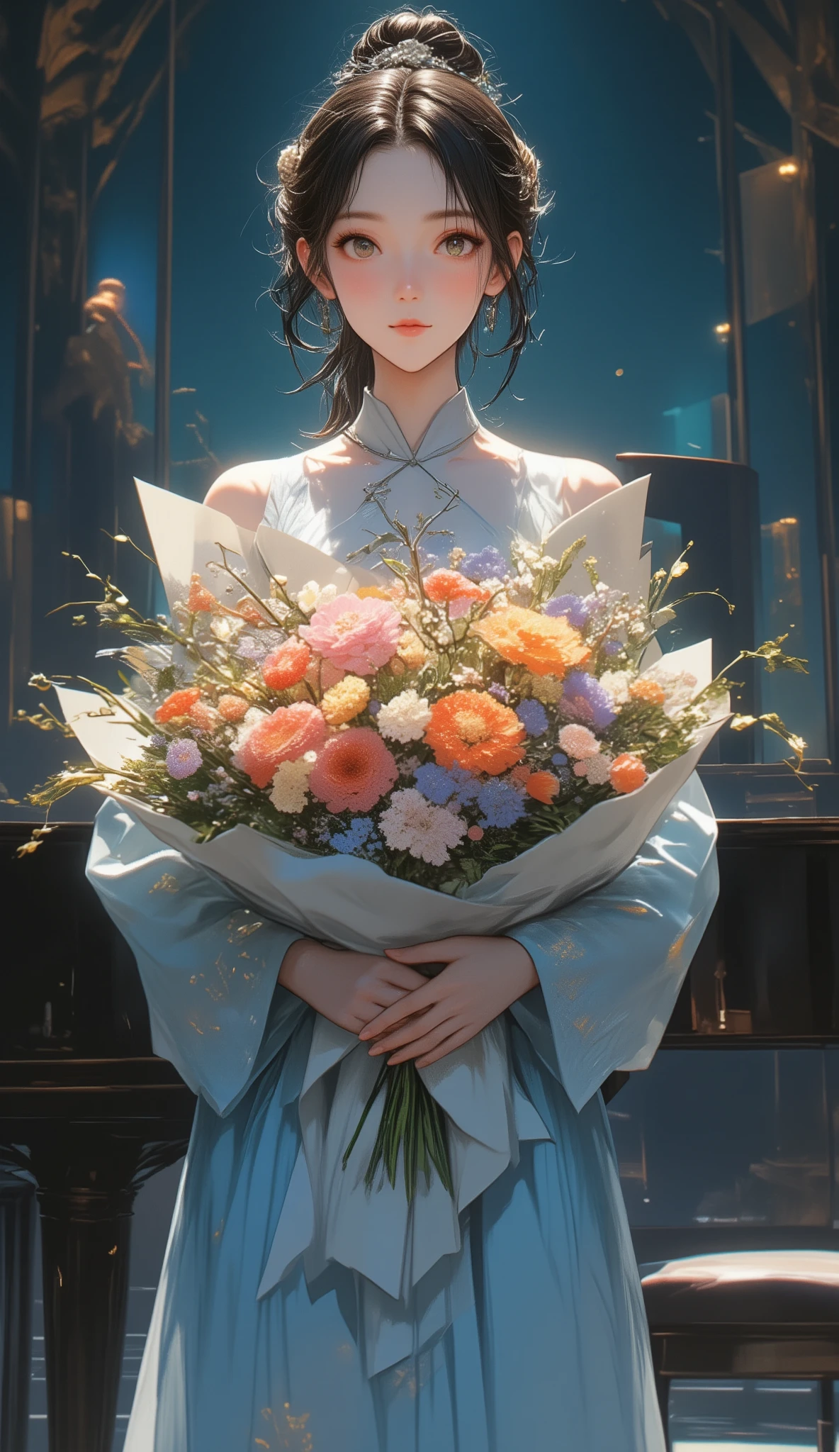 Woman holding out a bouquet of flowers wrapped in paper with both hands、blue dress、grand piano in the background、Podium、cinematic lighting、high image quality、High Quality