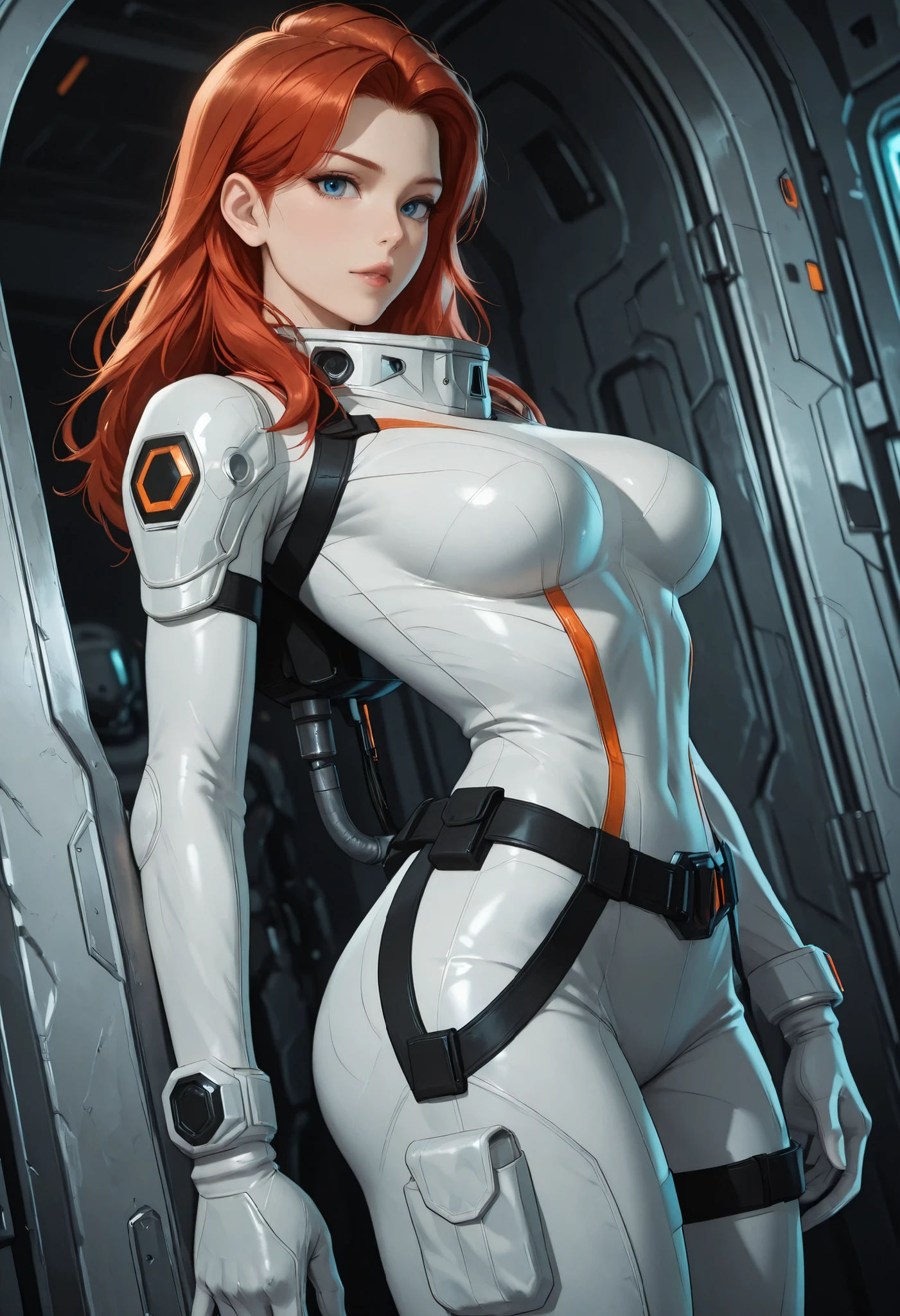high resolution images, masterpiece, Highest Quality, amazing quality, official art, Highly detailed, Wallpaper, 1 girl, blue eyes, red hair, big eyes, slender, wide hips, (slim thighs), A very attractive and slim woman wearing a tight spacesuit walks through the corridors of an abandoned and decaying space station in a futuristic world. dynamic angle, ((orange accent lines)), black accent lines, side view, looking at viewer,  