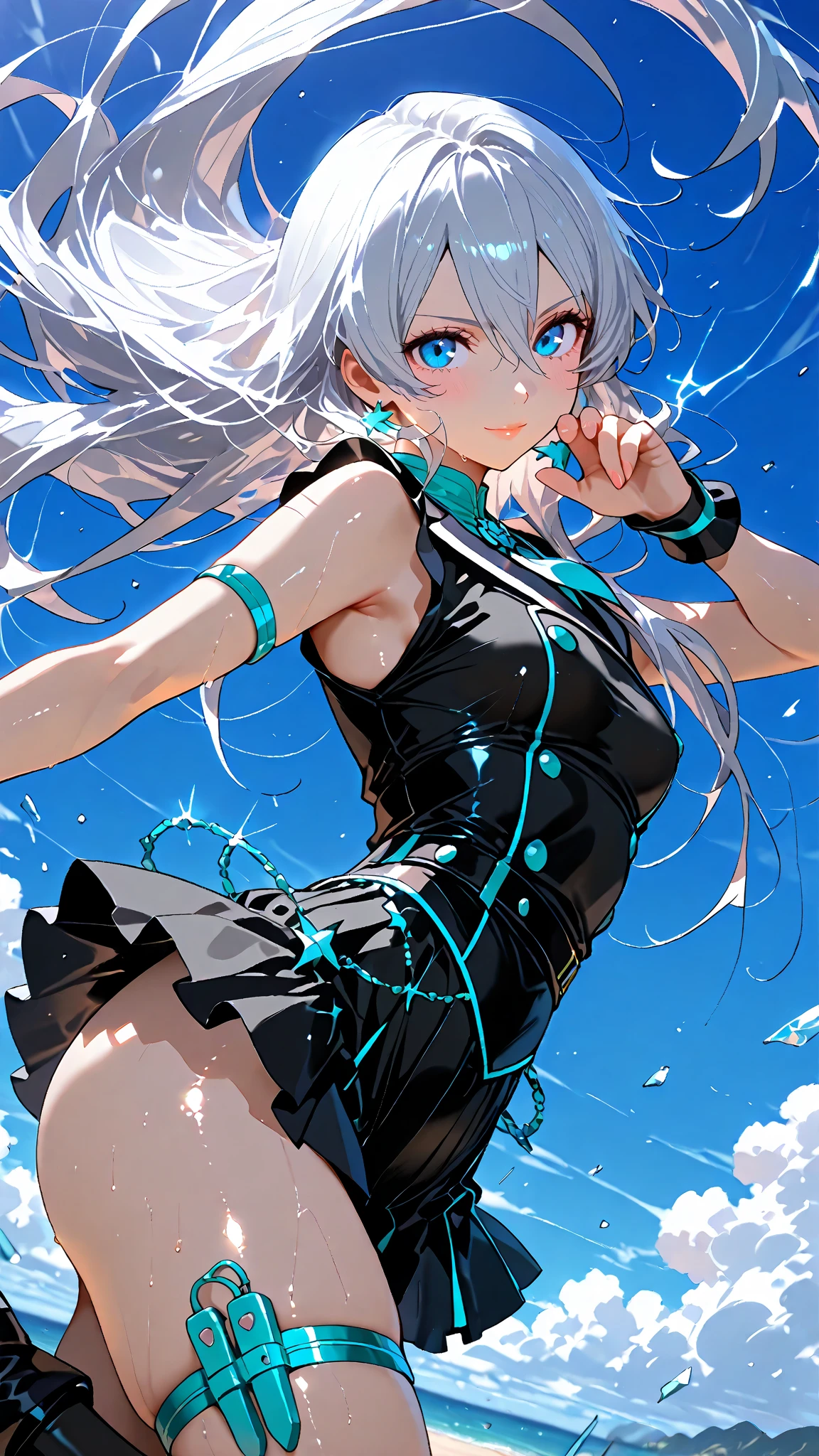 {{masterpiece}}, best quality, extremely detailed CG unity 8k wallpaper, cinematic lighting, lens flare, beautiful detail eyes, black,  side glance,  multicolor short white hair, colorful light, particles, heterochromia, (colorful:1.5), (colorful hair:1.5), show body goal, beach view,  swimsuit,