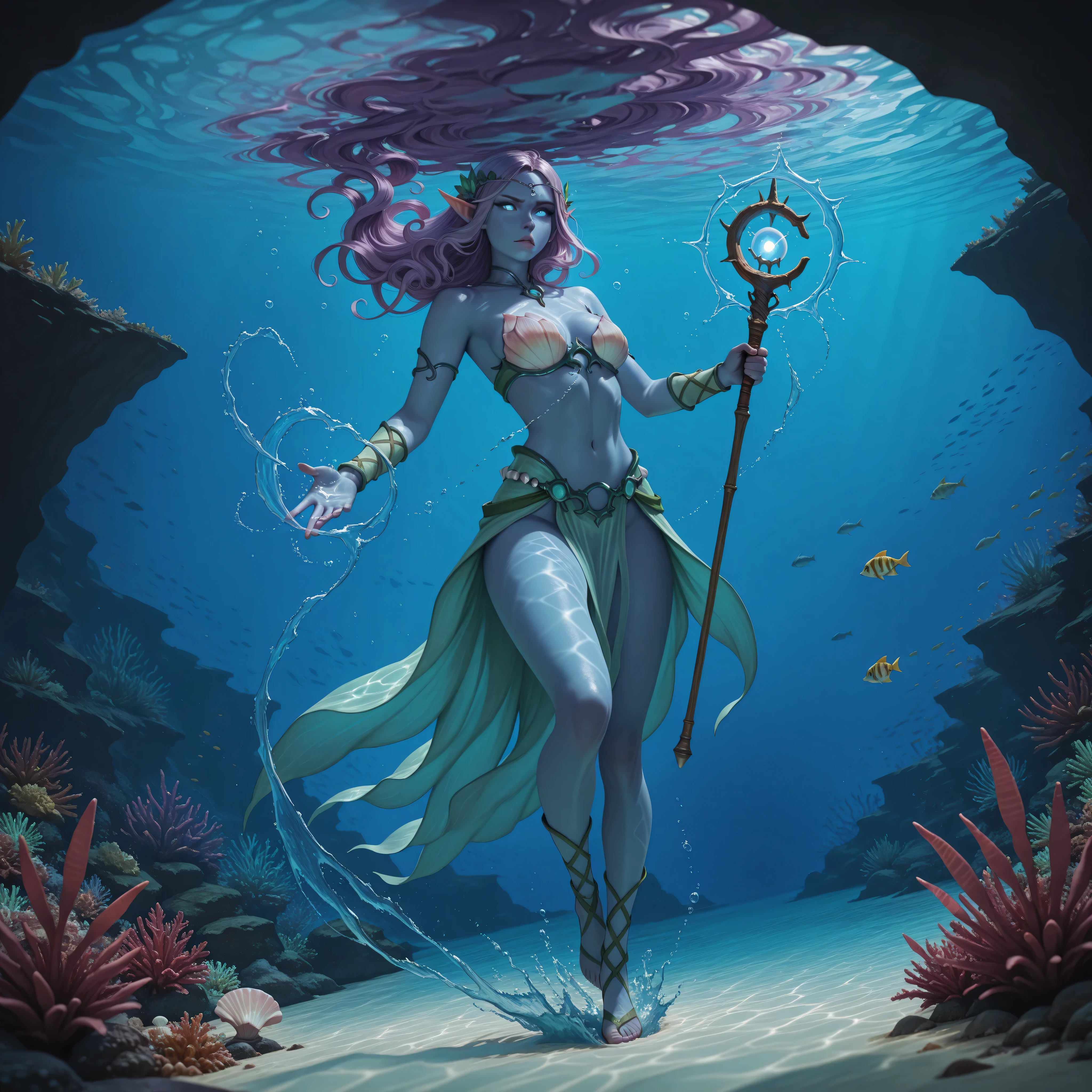 aidmaMJ6.1, full body shot, picture of a sea elf, water mage casting water control spell, water wizard, water magic, controlling a swirling mass of water, magical symbols, female sea elf, blue skin, purple hair, long hair, swirling hair, intense eyes, small pointed ears, blue eyes, glowing eyes, armed with magical wand, wearing sea shell clothing, beautiful elf, underwater background, rich underwater life, magical atmosphere, fish and sea weeds high details, best quality, 16k, ultra detailed, masterpiece, best quality, (extremely detailed), dynamic angle,  RAW, photorealistic, fantasy art, dnd art, rpg art, realistic art, , high details, best quality, highres, ultra wide angle