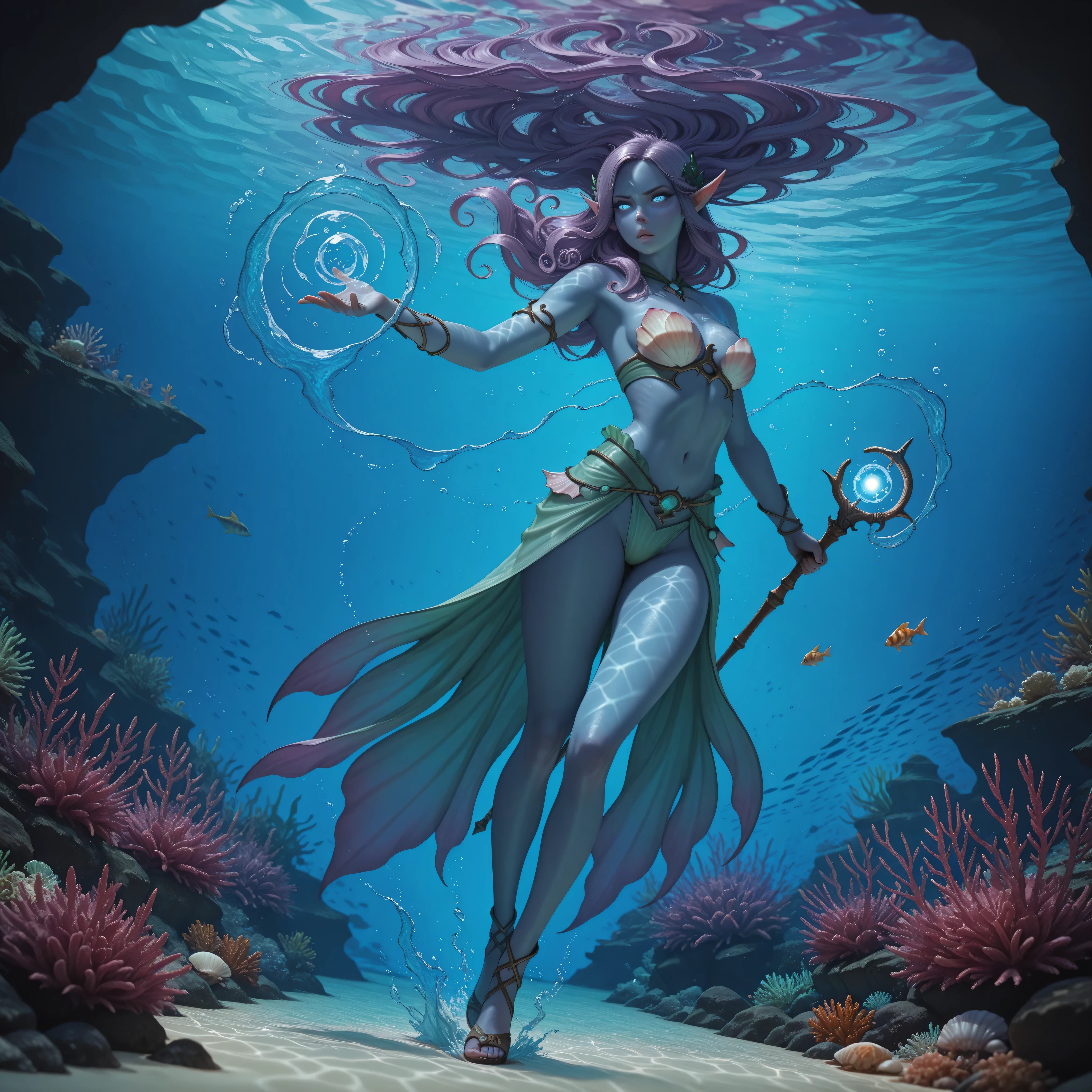 aidmaMJ6.1, full body shot, picture of a sea elf, water mage casting water control spell, water wizard, water magic, controlling a swirling mass of water, magical symbols, female sea elf, blue skin, purple hair, long hair, swirling hair, intense eyes, small pointed ears, blue eyes, glowing eyes, armed with magical wand, wearing sea shell clothing, beautiful elf, underwater background, rich underwater life, magical atmosphere, fish and sea weeds high details, best quality, 16k, ultra detailed, masterpiece, best quality, (extremely detailed), dynamic angle, RAW, photorealistic, fantasy art, dnd art, rpg art, realistic art, , high details, best quality, highres, ultra wide angle