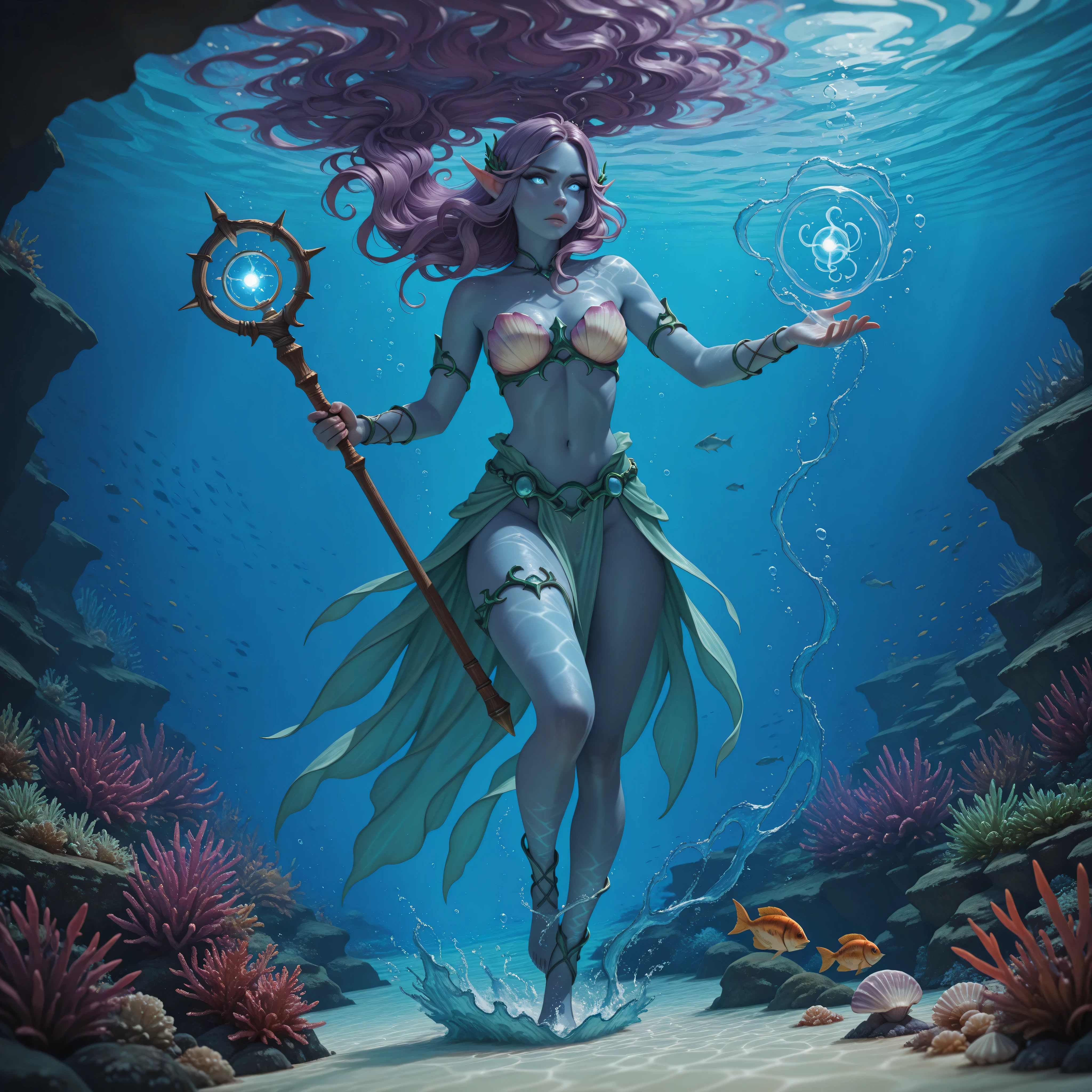 aidmaMJ6.1, full body shot, picture of a sea elf, water mage casting water control spell, water wizard, water magic, controlling a swirling mass of water, magical symbols, female sea elf, blue skin, purple hair, long hair, swirling hair, intense eyes, small pointed ears, blue eyes, glowing eyes, armed with magical wand, wearing sea shell clothing, beautiful elf, underwater background, rich underwater life, magical atmosphere, fish and sea weeds high details, best quality, 16k, ultra detailed, masterpiece, best quality, (extremely detailed), dynamic angle, RAW, photorealistic, fantasy art, dnd art, rpg art, realistic art, , high details, best quality, highres, ultra wide angle