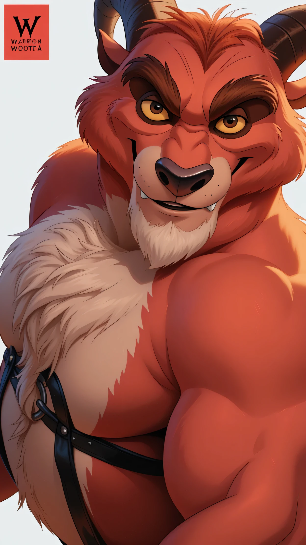 baltotwd, beast(disney), brown eyes, yellow sclera, solo, detailed, detailed face, black eyes, anthro body, male, adult, muscular, cartoon shading, cel shaded:1.0, flat colors, (no background, white background):1.5, shirtless, wfa style, negger style, cartoony , above waist, looking at viewer, posing, smile, black leather harness,