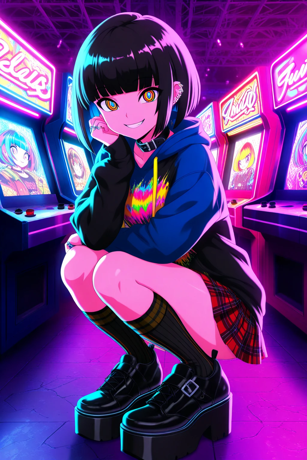 (masterpiece), Highest quality, Expressive eyes, Neon pastel aesthetics, Retro 90s, Neon color,((Girl sitting on sofa,In a cozy room,Records hanging on her wall, Comic books on the floor, Looking out the window behind her at the night city, Upholstered room, Anime figures lined up on a shelf)), Wearing headphones, (All around her it sparkles), (wearing thick colorful sneakers), (blue eyes), (Soft look), (Synthwave Art Style), Colorful Hair, Desk with PC set up