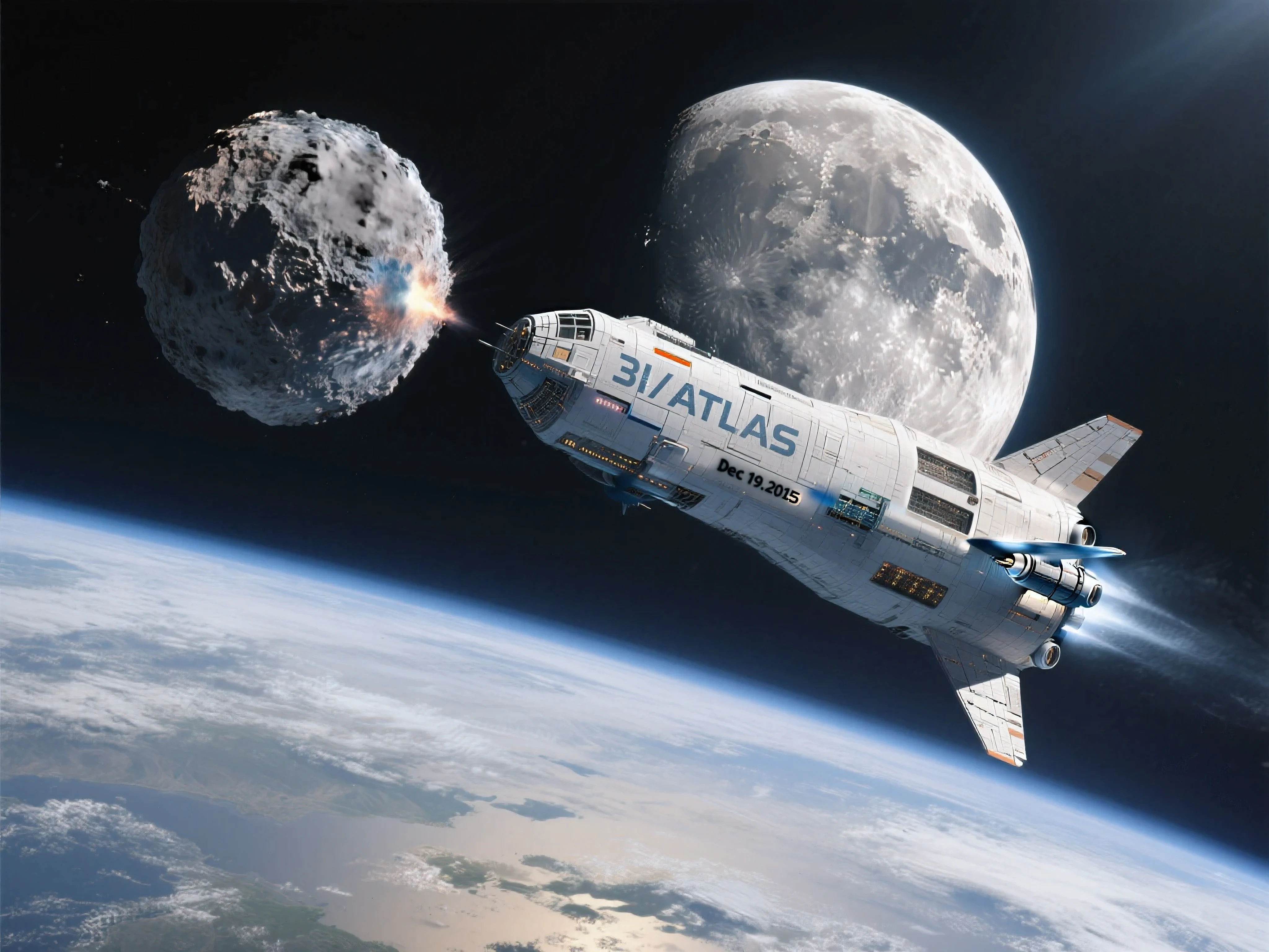 Closer than the moon is to Earth!!! 3I/ATLAS will be visible from Earth!!! Ultra-realistic, photo-realistic, ultra-detailed, and ultra-textured, physically-based rendering, 3D rendered realism, (8k, best quality, masterpiece:1.2), Masterpiece, realistic lighting, long-range perspective. 3I/ATLAS. It will come closer than the moon to Earth on Dec 19, 2025. Show the first half of it looking like a common comet, and the last half of it looking like a giant spaceship with jet propulsion and ( 3I/ATLAS ) written on it. Print - Dec. 19, 2025 on the image