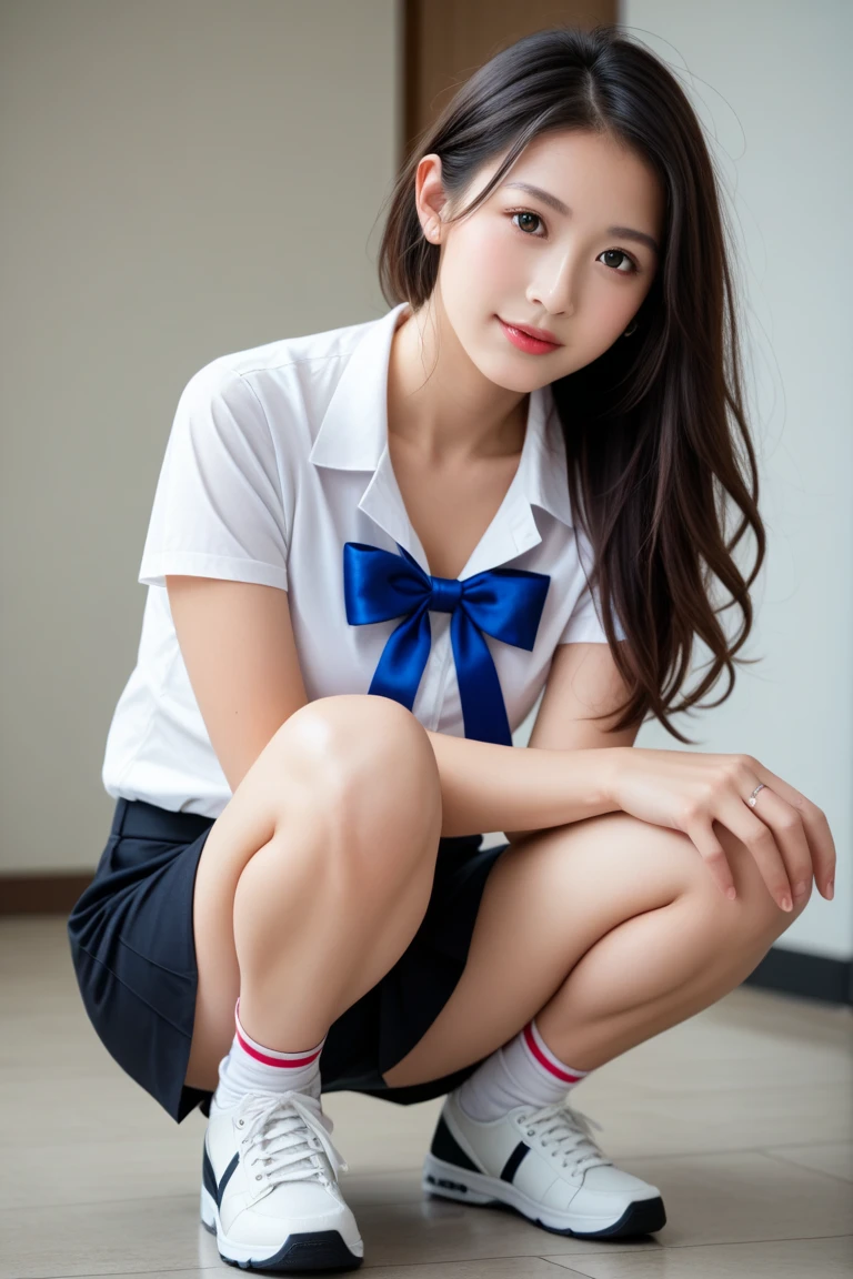 (very detailed 8k wallpaper), vietnamese lady, sharp focus, detailed, dramatic, delicate and beautiful vietnamese lady schoolgirl, sheer white shirt, navy blue ribbon collar, dark blue pleated micro mini, pink lingerie, , smile, peeking at the viewer, beautiful graphics, bright school building with strong sunlight, show full body, sit, squat, show plump panties, white socks,