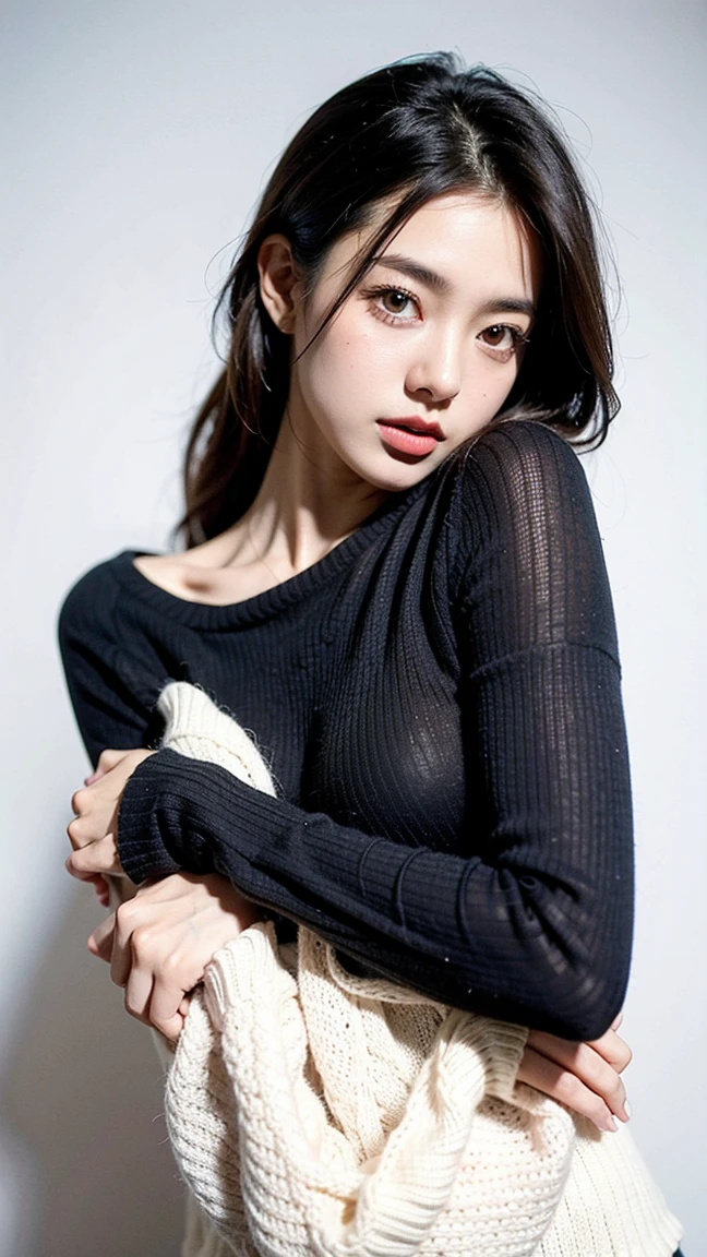 One person, Slim face, Piercing blue eyes, Brunette, Tie your hair up, thin:1.3,  body, Wearing a thin knit sweater, Dark colored high-length short skirt, Put your hands on your knees, View your viewers, (Eye-level shot, Cowboy Shot),
break
(Highest quality:1.3, masterpiece:1.3), (Realistic, photo Realistic:1.2), High resolution, 超High resolution, 8k, (Realistic skin, Smooth, lustrous skin), (Normal expression, Perfect Anatomy),Large :1.5,