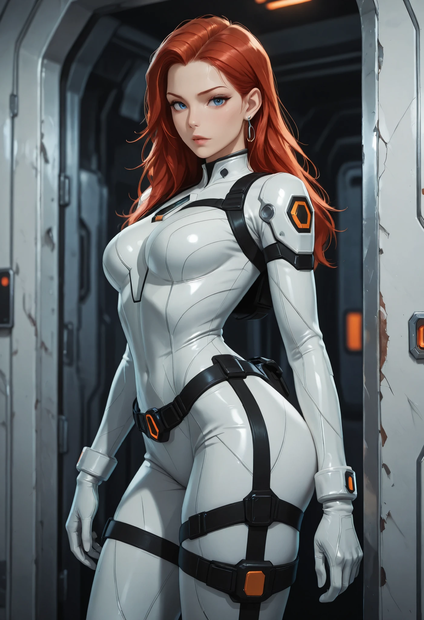 high resolution images, masterpiece, Highest Quality, amazing quality, official art, Highly detailed, Wallpaper, 1 girl, blue eyes, red hair, big eyes, slender, wide hips, (slim thighs), A very attractive and slim woman wearing a tight spacesuit walks through the corridors of an abandoned and decaying space station in a futuristic world. dynamic angle, ((orange accent lines)), black accent lines, side view, looking at viewer,
