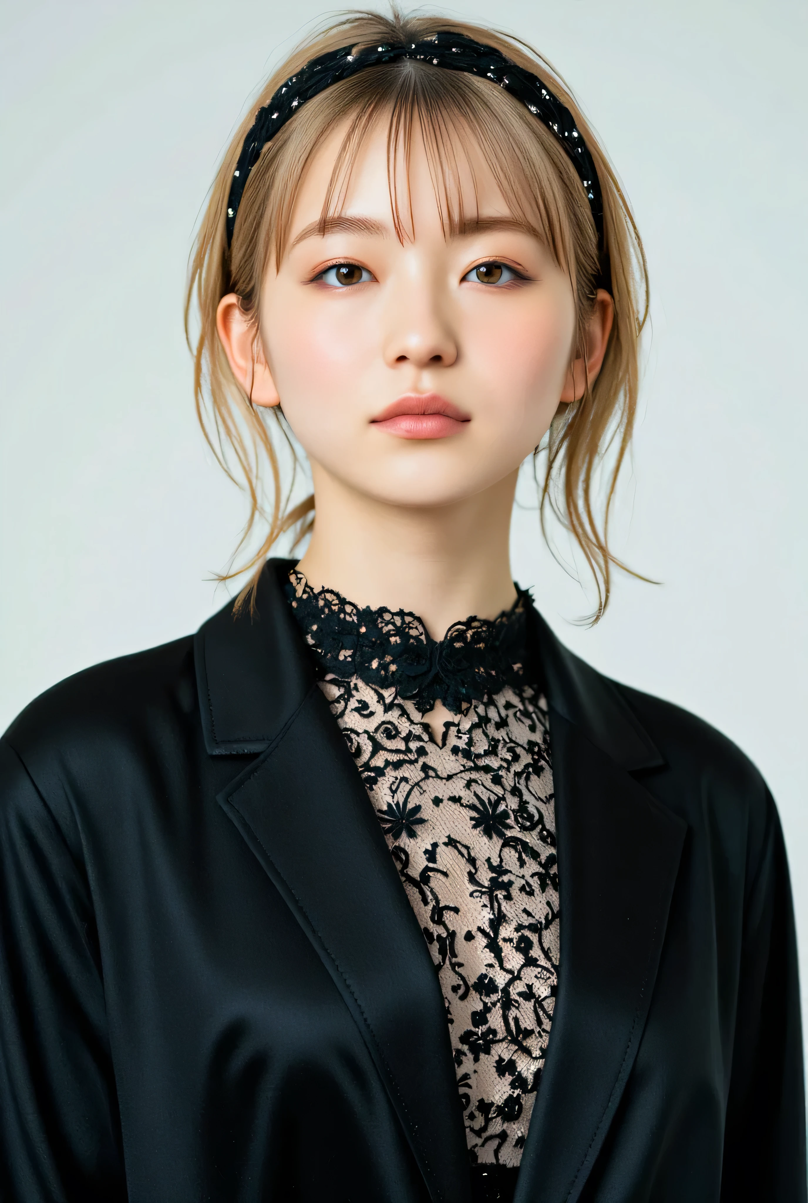 128k Female Models , , Eyes, ((Random short hairstyles)), High resolution , Upper body, No background, Studio Lightning , Beautiful blonde woman, with wax dress melting and dripping down the body (masterpiece: 1.2), (best quality), 4k, ultra-detailed, (dynamic composition: 1.4), highly detailed, colorful details, (iridescent colors: 1.2), (bright lighting, atmospheric lighting), dreamy, magical, (solo: 1.2) ((Candy Blue Shiny Metal Satin, Pink bow tie and bold satin shirt)) randam angle ((upper body))A fusion of Ainu traditional attire, and Gothic ta fashion, featuring a whimsical blend of intricate embroidery, lace, and Victorian-inspired elements, Clothing that has deteriorated over time, The outfit consists of a robe-like garment called an 'attush' made from intricately woven fabric, adorned with intricate geometric patterns. She also wears a 'kaparamip' headband with decorative embroidery. The clothing is rich in earthy tones like browns, reds, and green cute and dark charm of wearing hyper puffy blue。lightly dressed、Mass sweat、suns、Hot、Light brown eyes、1girll、Innocence、(Photorealsitic)、(intricate detailes:1.2)、(masterpiece、:1.3)、(top-quality:1.4)、(超A high resolution:1.2)、超A high resolution、(A detailed eye)、(detailed facial features)、nffsw、8K resolution、(lensfl