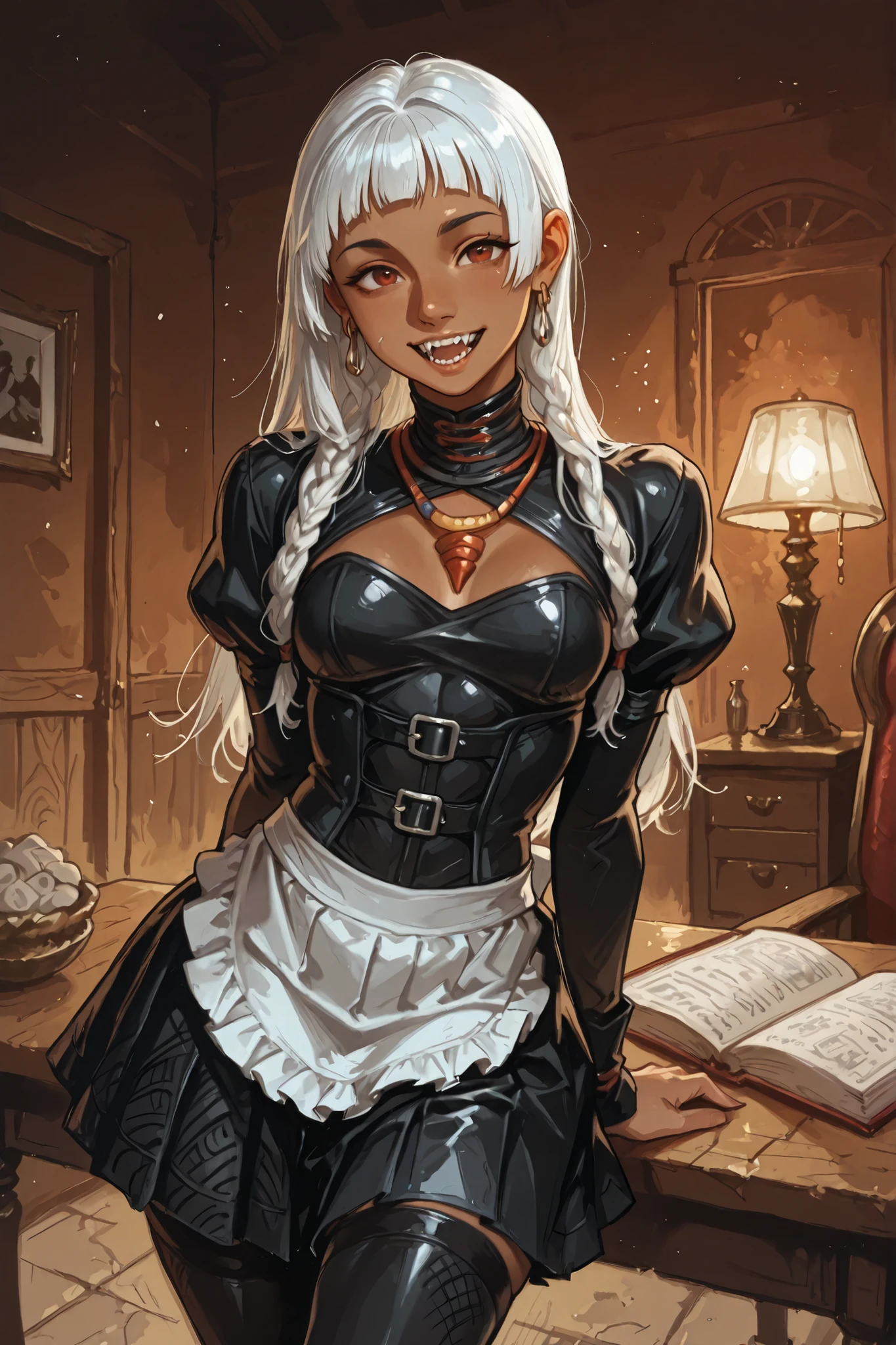 woman looks like a mix of Elena and Cammy from Street Fighter 6. bronze-colored and brown skin. She has a horizontal scar over her nose. She has sharp teeth. pointed fangs in her mouth. your body is athletic, with muscles and abs. B-Cup. Sie hat rote, schmale, asiatische Augen, A pretty, volles, soft and young face and white braids. The Inca clothing is made from the finest latex (Schlangenhaut-Optik) is a black maid dress with pleated skirt, black opera gloves, belted corset, puffed sleeves, high stockings and everything made from the finest black latex with snakeskin pattern, Also white ruffles and a white apron made of silk, and an amber necklace. atmospheric lighting. looks at the viewer. She has an innocent and open smile with lots of sharp teeth. Keine Tiere im Bild. Hintergrund: spanischer, medieval salon, strong lineart, hdr, hdr colours, semi-realistic, creepy atmosphere, keine Monster, hdr colours. Sharp. HD. Fake box art.