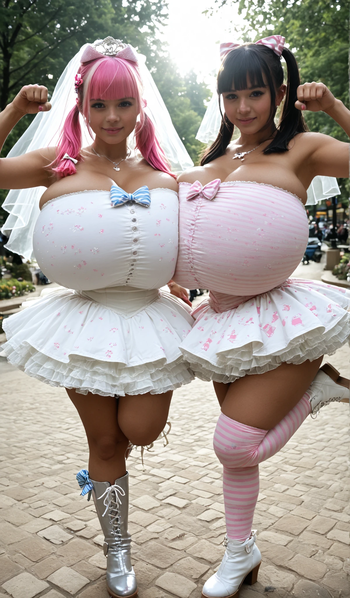 masterpiece, best quality, amazing quality, sunlight, 2girls, ((paw pose, one leg up high, dynamic angle,cinematic angle, looking viewer:1.3)), loli,shortstack, (hourglass figure), (hime cut twintail, straight bangs, pink 2tone hair), ((hyper breast, gigantic breast)), (fabric stretching over full clothed breasts, jyojifuku, print clothes,pastel color clothes, shirt, skirt, thighhighs, high boots, micro mini clothe, wedding dress,strapless dress,bridal veil,white bow,necklace,strapless dress,striped bow,hair bow,off shoulder,white gloves,hand bow, ), in park,realistic hand, CyberRealistic_Negative_PONY_V2, PA7_sdxl-Photo, GanguroGyaru,