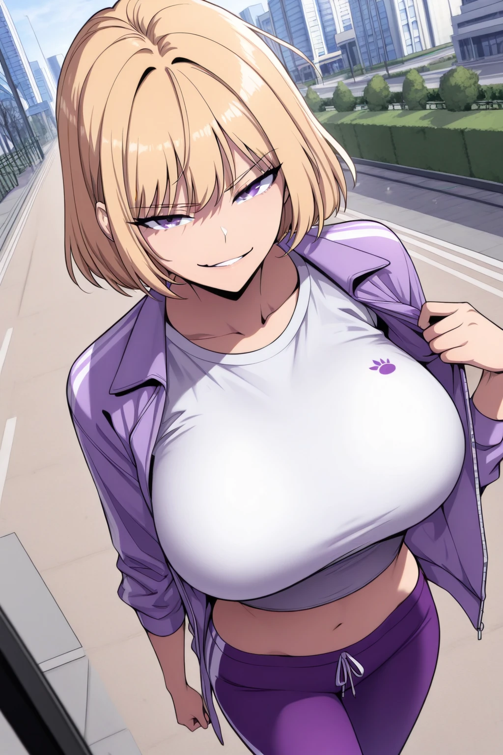 score_9, score_8_up, score_7_up, score_6_up, score_5_up, score_4_up, rating_questionable, , source_anime, digital illustration, pixiv, fanbox, uncensored, , BREAK, official art,
1girl, solo, mature female, cha hae in,, blonde hair, purple eyes, short hair, ,
sports bra, crop top,  sweat, upper body,  , city, buildings, outdoors, light smile, blush, looking at viewer, cowboy shot,  <lora:Cha_Hae_In_Pony-10:1.1>
