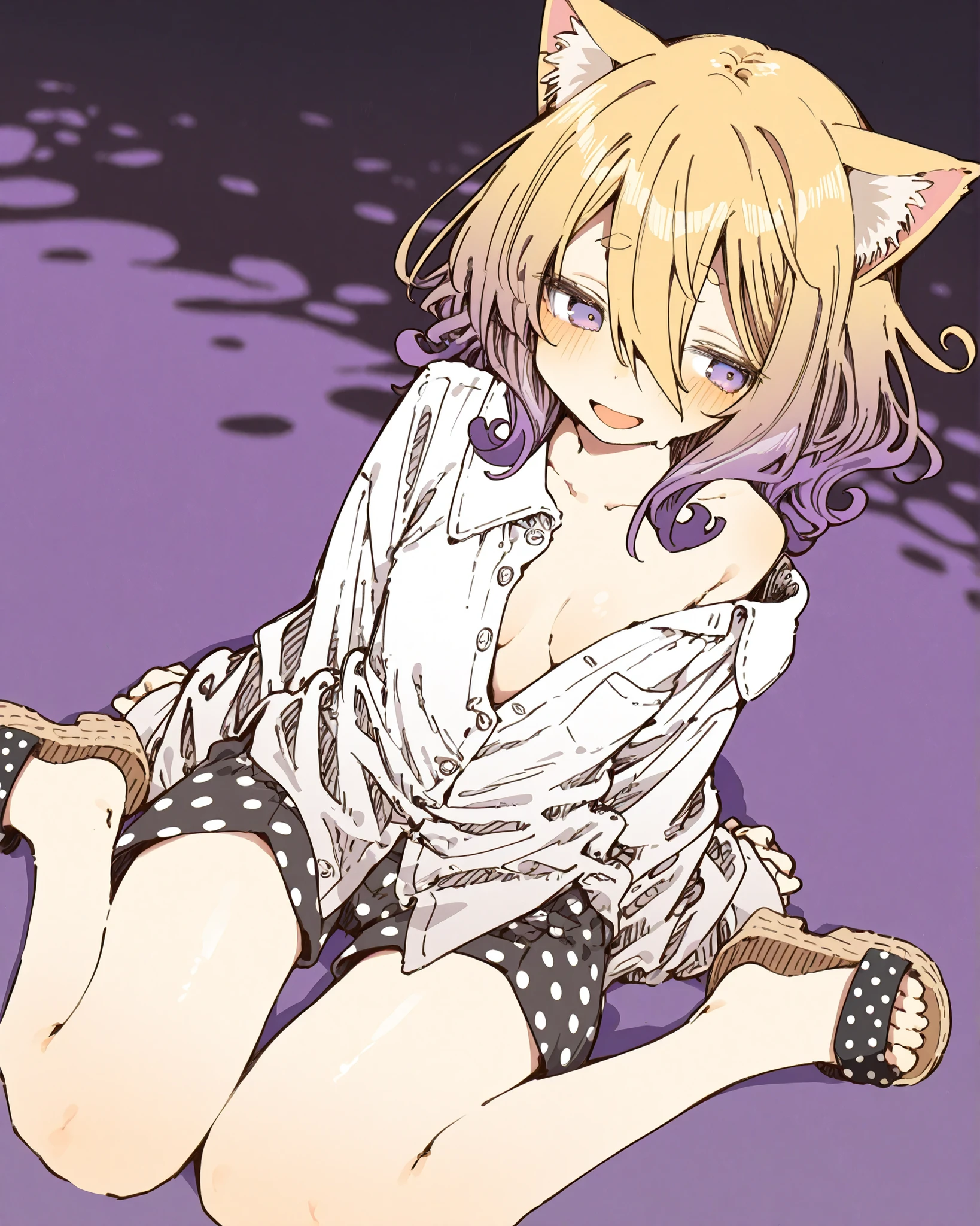 ((Abara Heiki style)), ((Masterpiece)), ((best quality, amazing quality)), ((very aesthetic, absurdres, newest)),  ((detailed background, negative space, blurry background, depth of field, Asymmetrical background)), ((high contrast backlighting, sharp shadow edges, high contrast body outline)), ((1girl)), Cute young Girl, (Healthy Gaunt body, Textured skin, small , cleavage, tilt head), (oversized loose collared shirt, white shirt, slightly unbuttoned shirt, shirt overhang,  shirt, untucked shirt), (see-through silhouette:0.5),  left shoulder, (wearing polka dot medium shorts, slightly exposed lower abdomen), bent forward, Cheesy sandals, (slightly exposed cleavage, slightly exposed ), slightly worried, soft gaze, blush, Open mouth, (troubled smile), Thin and short eyebrows, troubled eyebrows, fuzzy Cat ears, unruly hair, medium hair, ((beautiful blond hair, gradient hair, violet colors Hair Tip)), (hair between eyes, long bangs, long side bangs), BREAK, (pale purple eyes, gradient eyes, averting eyes, looking at side), (loose sitting, wariza), evil aura rising from hand, ((swirling black aura background, ink-like texture, fluid dynamics, viscous appearance)), swirling, tendrils, spreading, (dark liquid background), only abstract darkness, movement implied through curved strokes, outdoor, ((supernatural atmosphere)), 