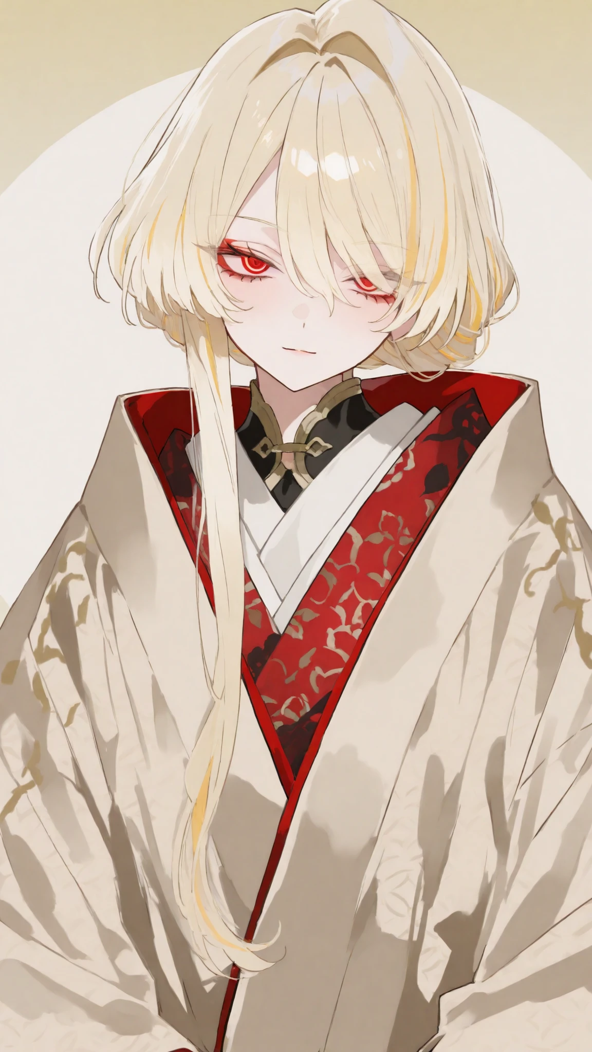 Regent Shape,blond hair, light yellow,hair highlights gray,long hair,RED PATTERNED KIMONOKI, kabuki Face,Big Kimono,เทศกาล,red-eyed,long hair,Hair Regent