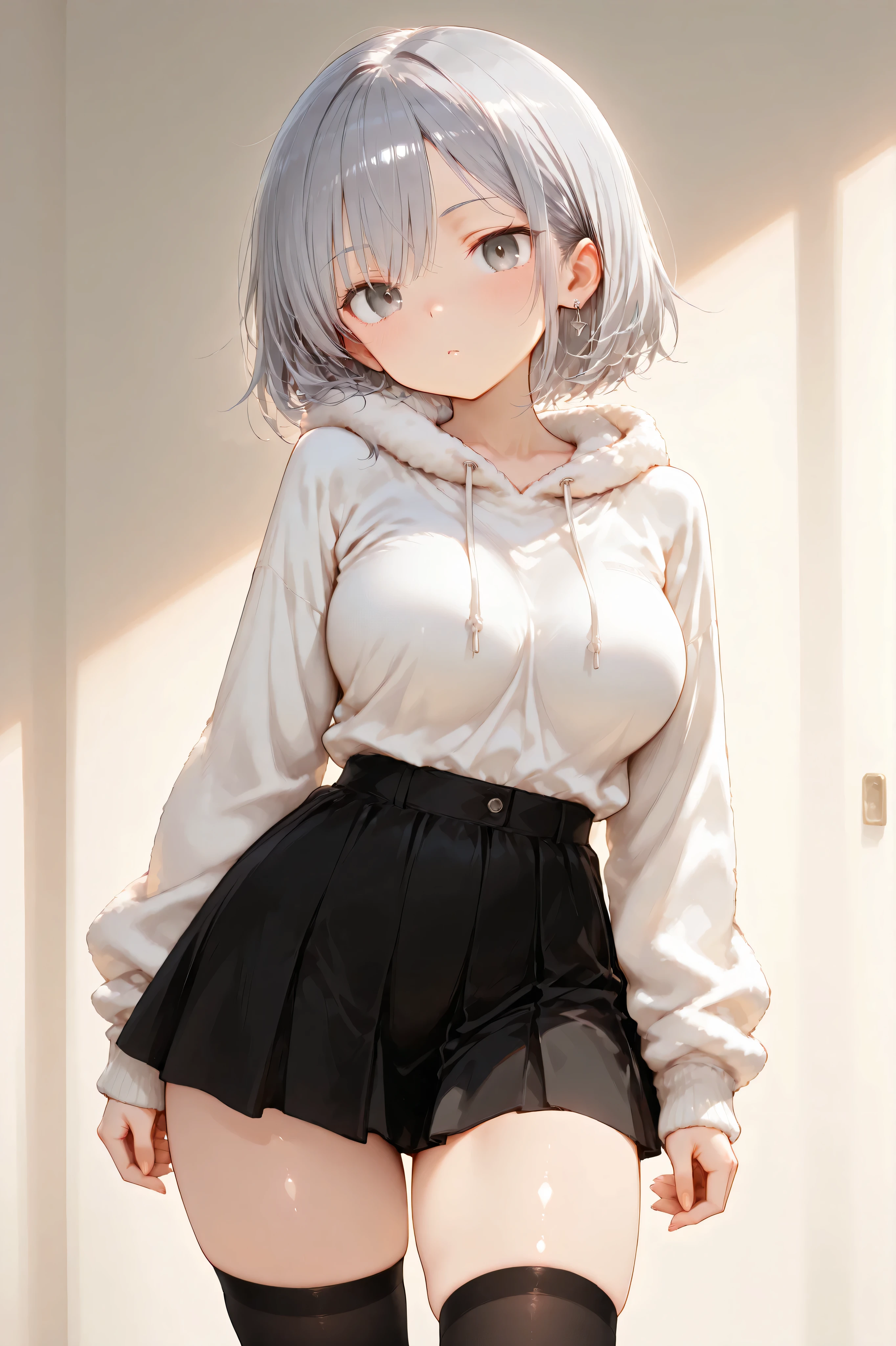 Shiny skin, Babe, character, haruone.
masterpiece, best quality, ultra detailed, high resolution, 8k, dynamic lighting, elaborate eye depiction, beautiful detailed eyes, a cute anime girl, fine line art, delicate line drawing, thin outlines, clean outlines, minimal noise.
dynamic pose. dynamic angle.
# body.
tall body, 7 heads tall, very slim waist, curvy figure, slender figure, soft curves, medium-large breasts.

# hair.
short silver wolf-cut hair, bob length, untied, single hairstyle only, sharp eyes, silver eyes.

# expression.
blank expression.

# outfit.
oversized fluffy hoodie in white or pale gray, thick soft texture, slightly drooped shoulders, long sleeves covering part of hands.
black knit mini skirt, neat texture, subtle winter thickness.
black thick winter tights.
white winter sneakers with soft faux-fur trimming.
small silver earrings.

# pose.
standing, relaxed posture, slightly leaning, casual winter vibe.

# background.
simple neutral background.

# outline.
fine line art, delicate line drawing, thin outlines, clean outlines, minimal noise.