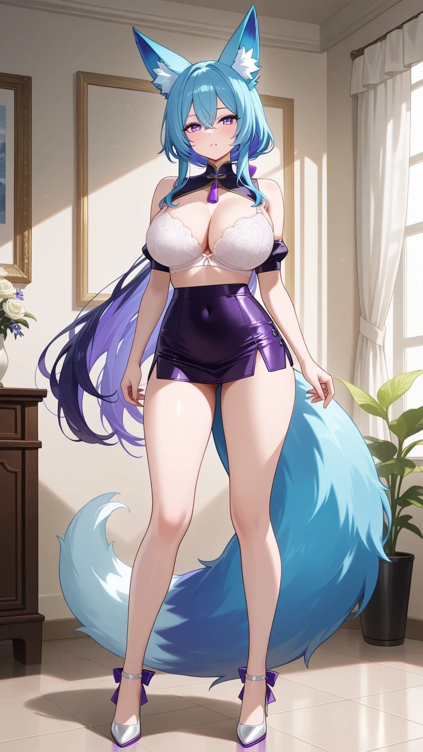 Pavolia reine - hololive, 1girl, (((bimbo))), white long hair, pony tail hair, hair ornament, green eyes, petite, (((bimbo))), thin lips, painted lips, shy smile face, pregnant belly, big belly, wide ????, thick thighs, huge round ???, enormous natural ???????, shiny oily ???????, blue dress, navel cutout, detached sleeves, earrings, white thighhighs, full body, garden, ????