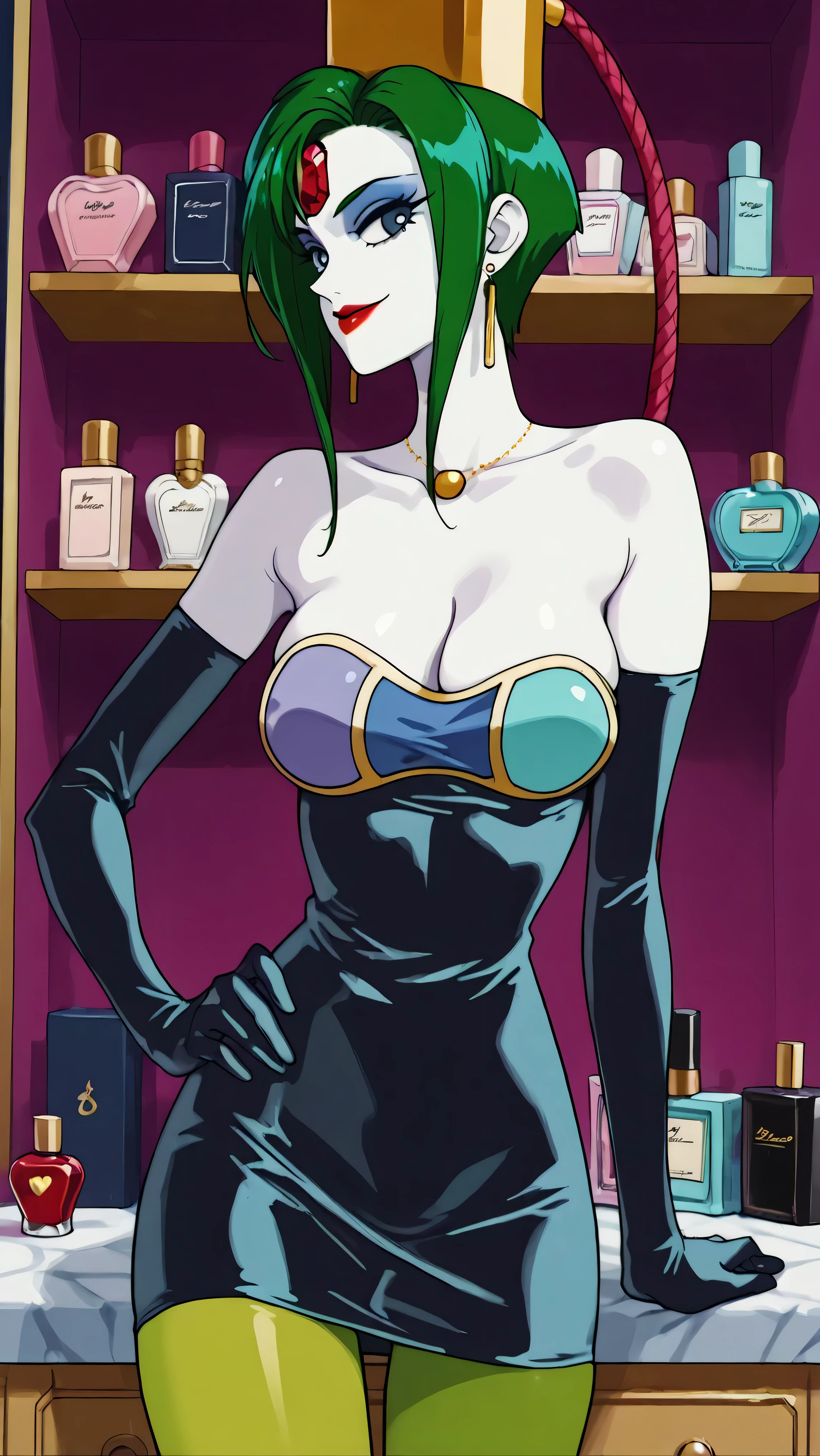 score_9,score_8_up ,score_7_up ,Very Cute Girls:5.0, masterpiece, high image quality, ,perfect face:5.0, very cute face, retro anime style,One Girl, Slim, heavy makeup:9.0 , green hair, white skin:5.0 , Red jewel on forehead, glossy clear red lipstick, big blue eyes, villain pose , Brutal Mockery , closed mouth with a big smile, Look back in a big way, 顔up, 顔ドup, gold round necklace, long thin gold earrings, red lips, Stylish white dressing table, solo, Perfume Bottle Shelf, colorful perfume bottle, the most skinny thighs, dark blue latex long sleeve grobe, strapless dark blue latex dress, dark blue latex short dress, green pantyhose, gold cap with red hose, クリーンな眉間, 冷酷にあざ笑う顔, very big evil smile, very Big saggy breast, 強い嘲笑, 腰を大きくひねった