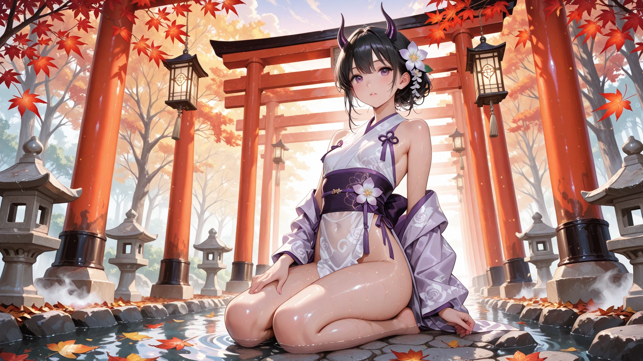 ,Hololive,natsuiro matsuri,One Side Ponytail,Small breasts,Shrine maiden、kimono、Removing the sleeve,Hakama short skirt,Embarrassed,blush,shrine,torii,Gravel road,In the shade,(Perfect hands),(Perfect ),(masterpiece),(highest quality),One man,being  by a man,A man is touching my buttocks,My breasts are being massaged,I feel pleasure,Trembling,Empty Eyes,,,Are standing