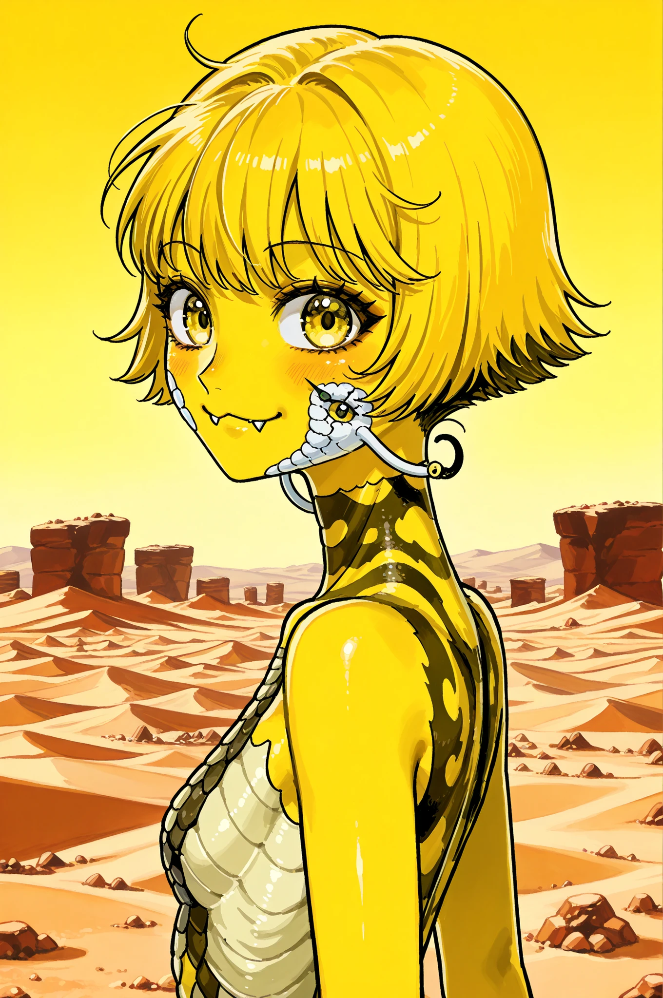 A woman with scaly deep yellow skin with snake face, (scaly skin on body), (scaly face on face), (snake-like face), deep yellow short hair, small snake fangs, kawaii, looking viewer, desert, from side, tezuka