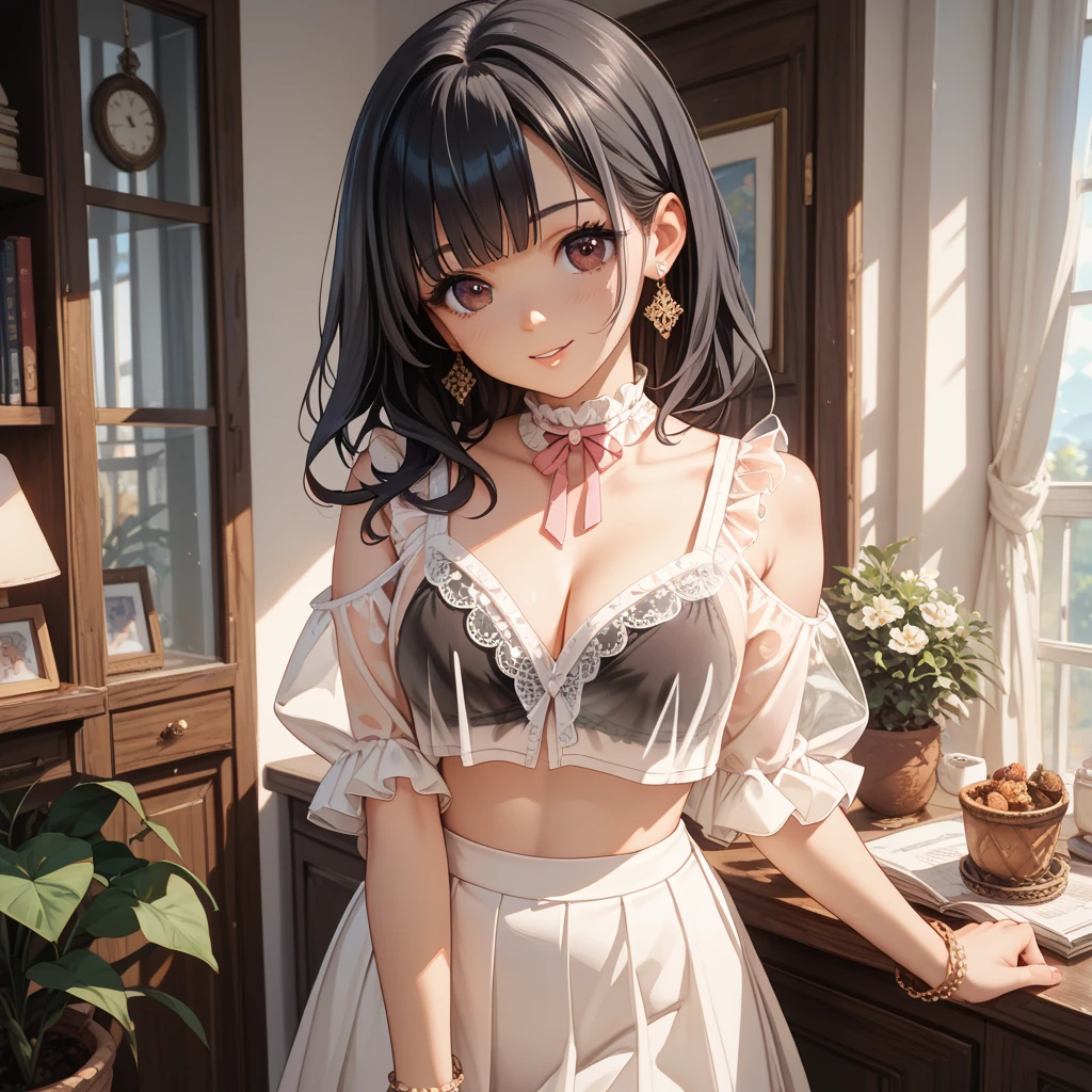 masterpiece, highest quality, One Girl, Nogizaka_Costumes, Thighs, beautiful girl, Flowers, Lots of small petals, View your viewers, Small waist, Official Art, RAWphotograph,The needle is accurate、Face Light, Dynamic Lighting, Cinema Lighting, Ultra-realistic, High resolution, photograph, Sharp focus, Most detailed, Very detailed, Very detailed, In detail, Very detailed目と顔,masterpiece, highest quality, photograph,One Girl, Nogizaka_Costumes, Thighs, beautiful girl,View your viewers, Small waist,Symmetrical face, RAWphotograph, High resolution, Anime Style, Sharp focus, Most detailed, Very detailed, Very detailed, In detail, Very detailed目と顔、whole body、Tartan check  skirt、Cleavage、Tomboy、Large Breasts、smile、Sleep on your back、Embarrassing、smile、Long Hair、はだけたThighs、Beautiful belly button、美しいCleavage、Pool、Date