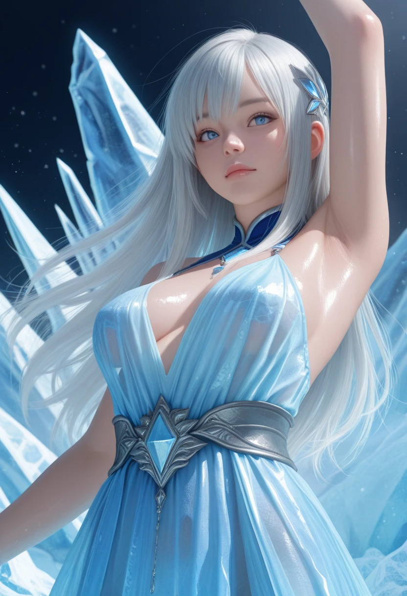 Woman1,round face,blue eyes,white hair,double bun hairstyle,Legendary Hero, Legendary Witch, Crystal Decorative White Mini Dress, Top Sleeved Dress, Big White Crystal Hold Her Hand,Very details CG, module, 8K wallpapers, top quality, high precision, beautiful lighting, realistic shade, high precision, detailed skin, very detailed, faces and detailed eyes, realistic eyes, cowboy shot