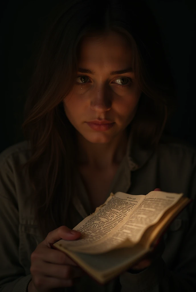 Woman reading a book in pitch darkness
