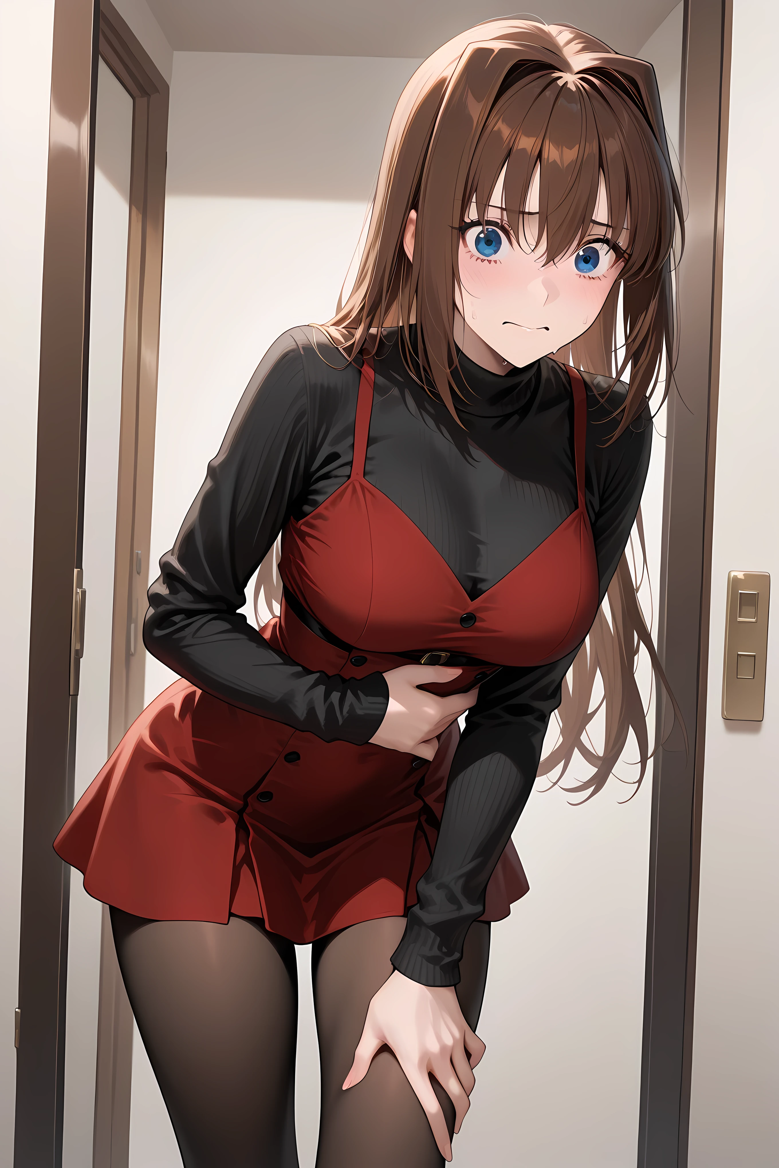 aoko aozaki, blue eyes, hair between eyes, long hair, hair intakes,black sweater, brown hair, brown pantyhose, dress, long sleeves, pantyhose, red dress, short dress, sweater,,
Solo, masterpiece, highres, ultra-detailed, hyper-detailed, best quality, amazing quality, very aesthetic, best hands, best eyes, best hand, detailed background,
standing, hand on own stomach, hand clutching stomach, sweat, leaning forward, scared, nervous, pale, average japanese apartment,