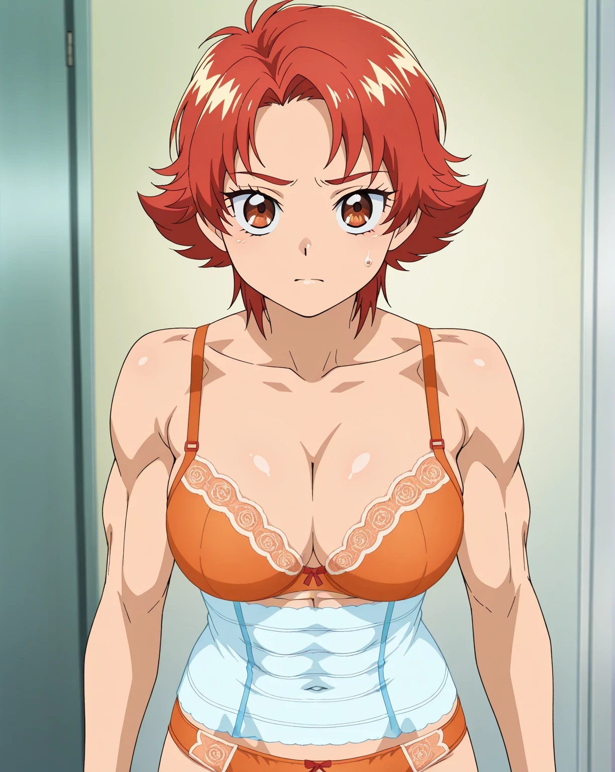 傑作, Best quality, Best resolution, Best image quality, amazing quality,  very aesthetic, absurdres, anime coloring, anime screencap, anime screenshot, official style, official art, 1girl, natsuki rin, anime girl is wearing a orange bra and orange , solo, orange ,  only, outfit:orange bra, wearing a orange women's , orange lingerie, short red haired girl, brown eyed girl, spiked hair, flipped hair, anime girl is a standing, women's ,  anime style, covered , , cleavage, very , covered , large , navel, midriff, abs, stomach, collarbone, trapezius, biceps, biceps short head, biceps long head, triceps, triceps medial head, triceps lateral head, triceps long head, brachioradialis, deltoids, anterior deltoids, middle deltoids, posterior deltoids, thigh muscles, semitendinosus muscles, hamstrings, adductor magnus muscles, tomboy atmosphere, 美しい魅力的なアニメのティーン, bra with an orange, toned body,  with an orange, lingerie with an orange,  shoulders,  arms,  ,  thighs,  legs, looking at viewer, bra and  only, cowboy shot, female focus, official art, room, indoor,