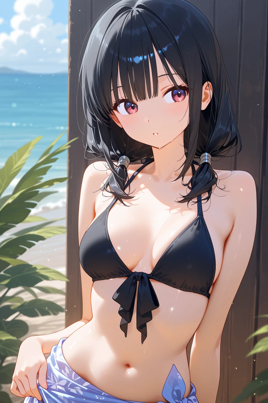 ((​masterpiece、top-quality:1.5、a high chroma:1.5、ultra-detailliert、high-resolution illustrations:1.5、Ultra-high-definition CG、8k size wallpaper、offcial art))、,(cute face:1.5)、(grin:1.3),
 ((Shining pink eyes:1.5)),((not look viewer:1.5)),((not look viewer:1.5)),((micro black bikini:1.8)),( oil skin:1.5),(), ((large breasts:1.3))、
,(from side:1.5),(upper body:1.5)、(Midsummer beach.:1.5)、((not look viewer:1.5)),girl,