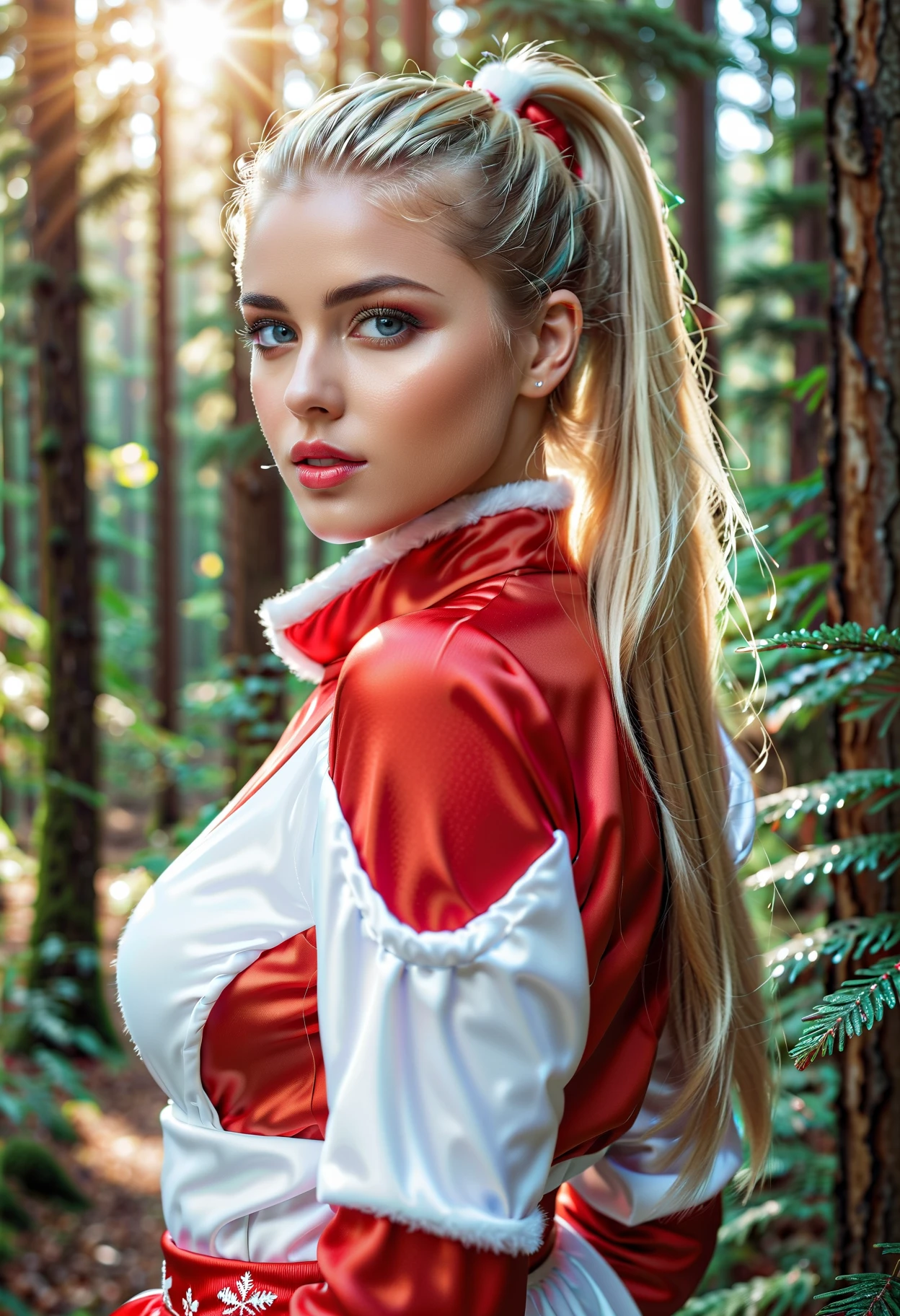 ultrarealistic high quality full body photo of a beautiful busty slim european 18-year-old woman with cute hyperdetailed shy face and dyed white long hair with red strands and shy smile , realistic round hazel eyes, natural lips, dark eye makeup with eyeliner, wearing  dora the explorer cosplay outfit, hourglass body, outdoor photography, tanned, 
