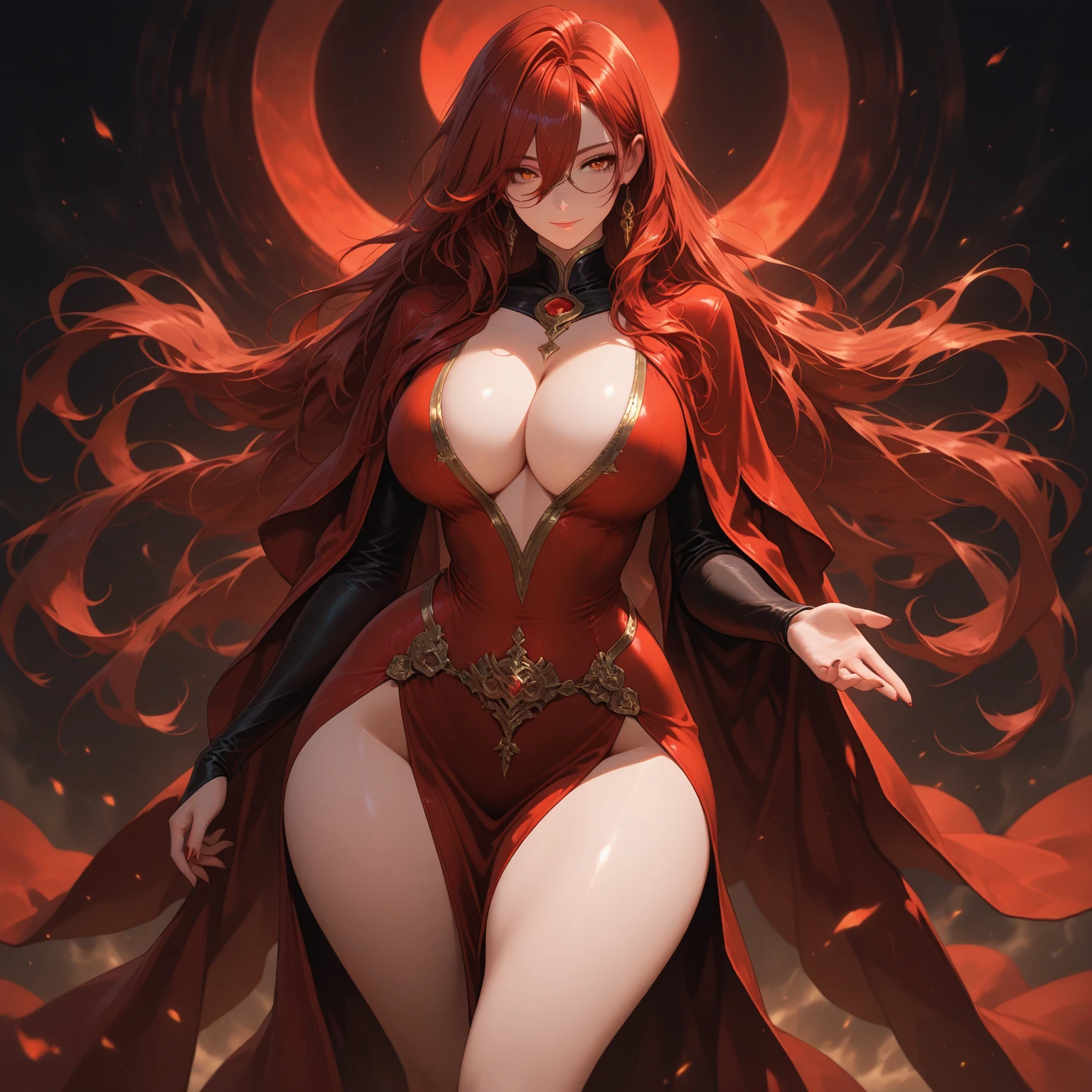 長い髪のbeautifulアニメ風の美女, (((Reddish brown hair)))Ponytail Hair,(((Highest quality)))Transparent Hair,The face of cool,(((Red eyes)))Beautiful woman full of pleasure,(((A well-defined, glamorous body)))((Huge bust))Tight waist,(((光沢感あるExtreme dancerを着ている))),(((Extreme dancer)))Dancer wearing revealing , navel and thighs,Veil(((beautiful)))Fair skin,(((Standing provocatively)))Full Body Shot,(((background)))wood,fog,Red Moon,Mysterious flower,Abandoned Castle。