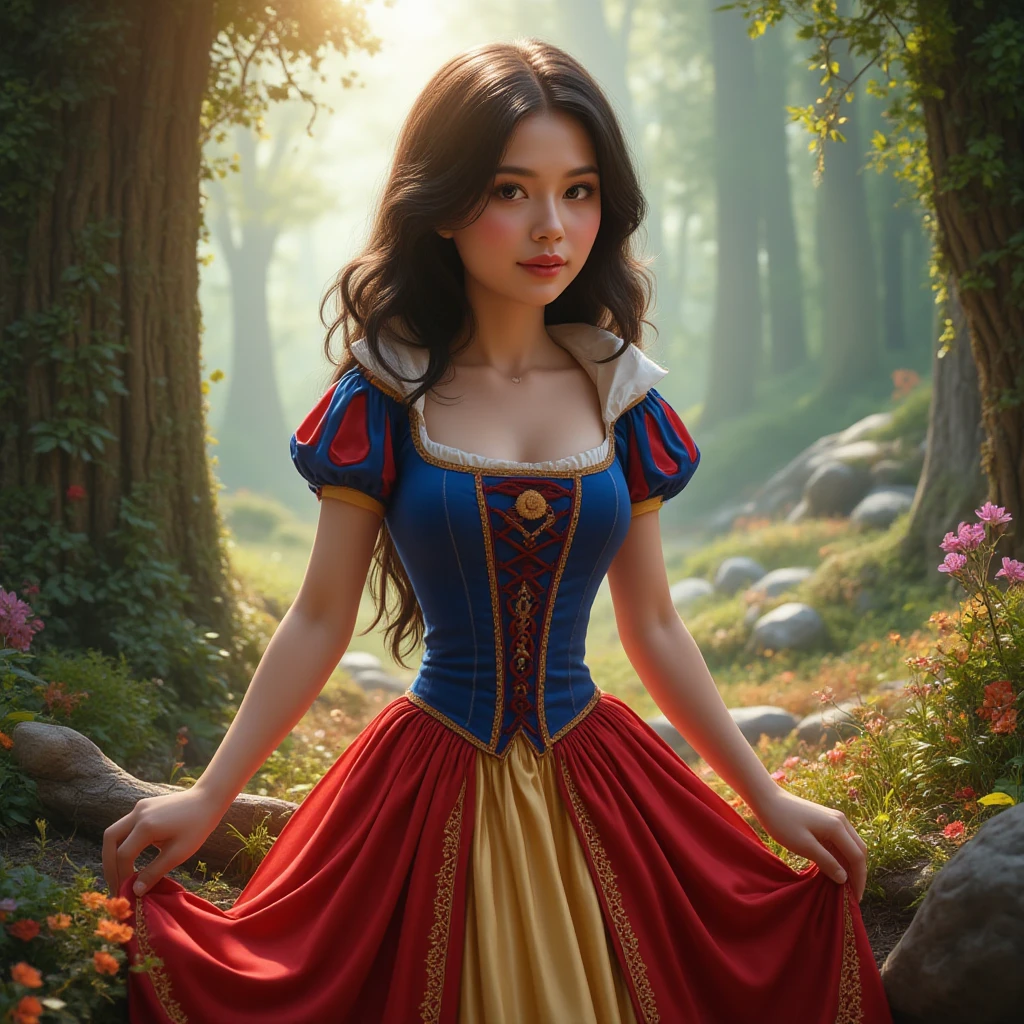 Snow White Disney Princess wearing a crown in the forest with many cute animals near her., dancing first-person view. Many flowers of various colors. A sunny day. with a fairytale castle in the background