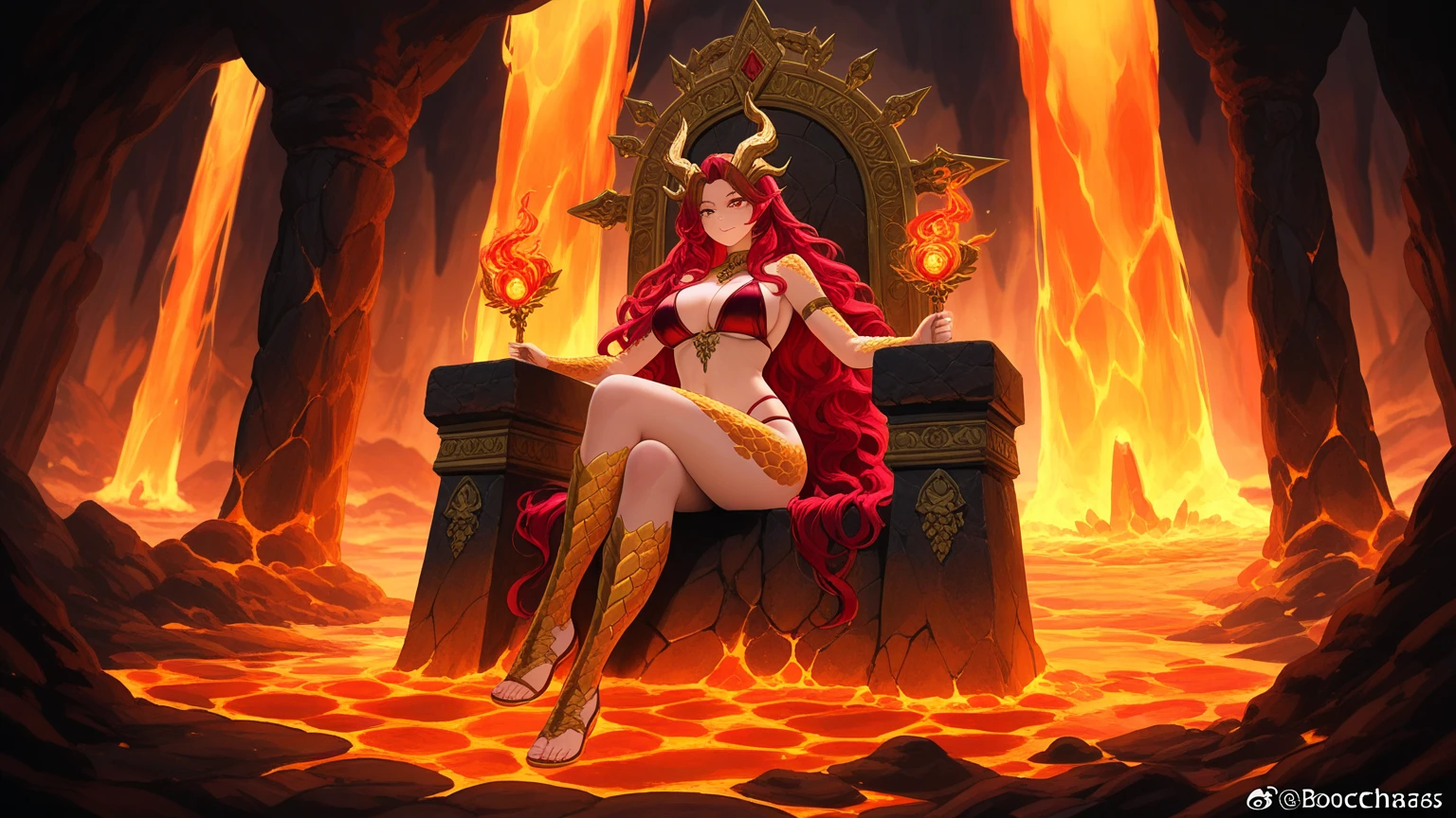 (Golden Ratio:1.2),[(white background:1.4)::10],(masterpiece), (best quality), (ultra detailed),(disheveled hair),(illustration),(1 girl:1.3),solo,full body,demon female,(bronzed skin),shiny skin,red hair,wavy long hair,red eyes,yoongonji,gigantic cleavage breasts,breasts cleavage outcut,(crop top:1.3)+(golden chain:1.2)+(high heels:1.3),demon horns,Spiraling Devil's Horn,(The devil's horns are dominated by black,It has red lines),strong muscle,tall body,(athletic body:1.2),(Sit on your side on the ground,/(The legs are soaked in lava:1.2)/)+(Volcanoes in the distance:1.3)+[(Inception:1.2)]