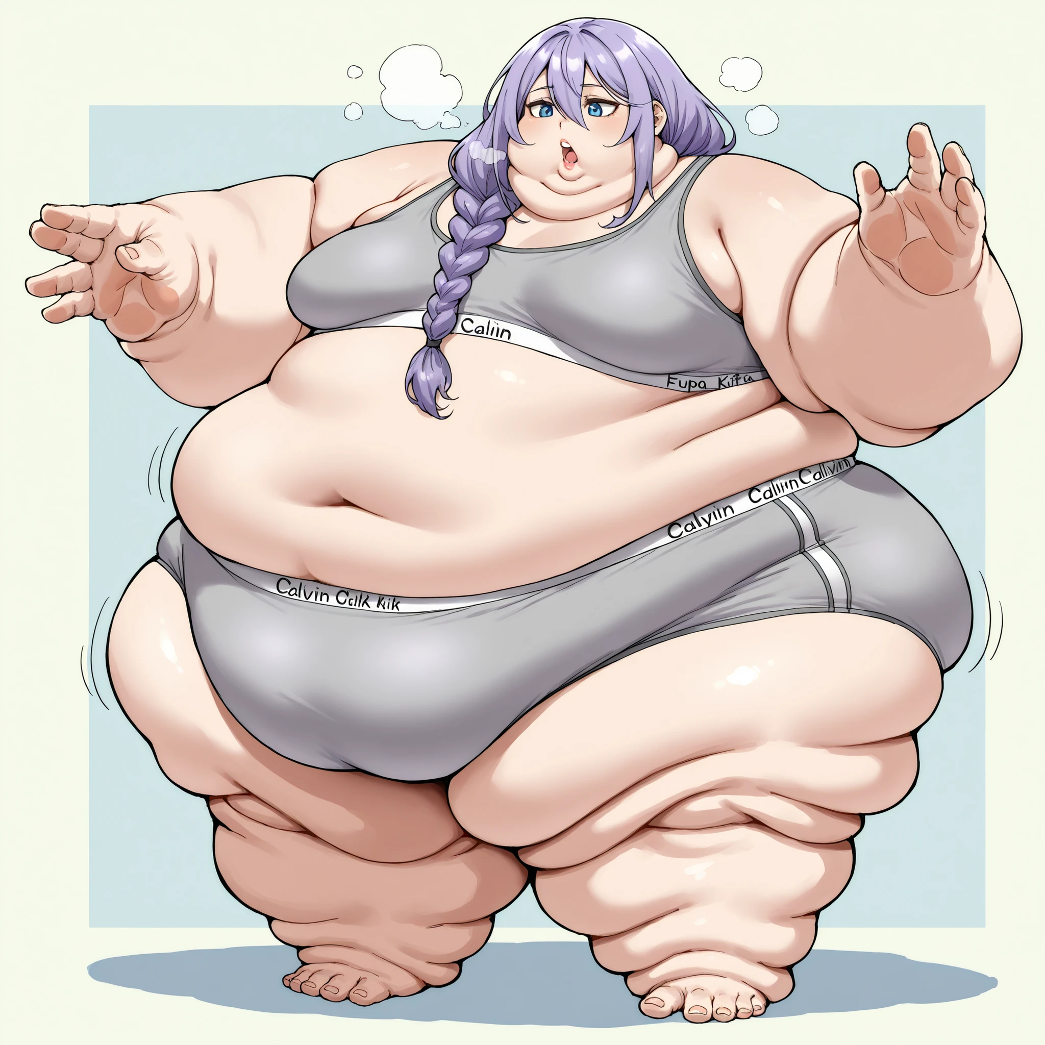 zPDXLxxx, Luna, blue eyes, purple hair, long hair, braid, hair over shoulder, hair between eyes, bangs, small breasts, grey sports bra,spors bra,grey sports panties,sports panties,calvin klein, fat, chubby, obese, fat neck, multiple chins, big breasts open mouth, out of breath, Larger female, full body shot, only head, large head, oversized limbs, large hands, large feet, oversized feet, oversized fingers, big lips, plump lips, fat face, fupa, big fupa, fat fupa, hunchback