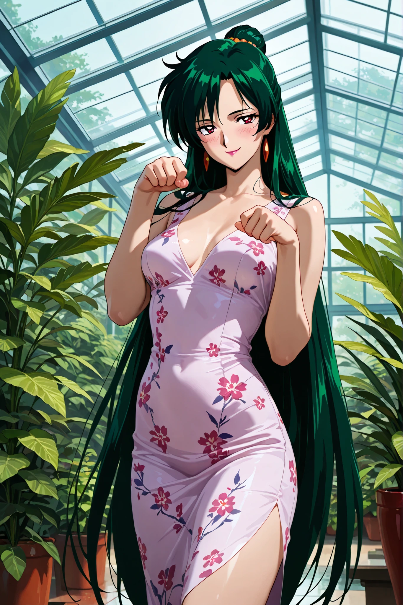 masterpiece, amazing quality, best quality, ultra-detailed, 8K, illustration, clear skin, ultra-detailed-eyes, soft skin, very awa, very as2, soft body, 1990s \(style\), official art, 1girl,solo,mature woman, setsuna meiou, long hair, red eyes, very long hair, green hair, hair bun, single hair bun, small breasts, lipstick, solo, looking at viewer, floral dress, solo, looking at viewer, blush, smirk, closed mouth, standing, cowboy shot, paw pose,, conservatory, plants, glass_roof, sunlight, greenery, cowboy shot,