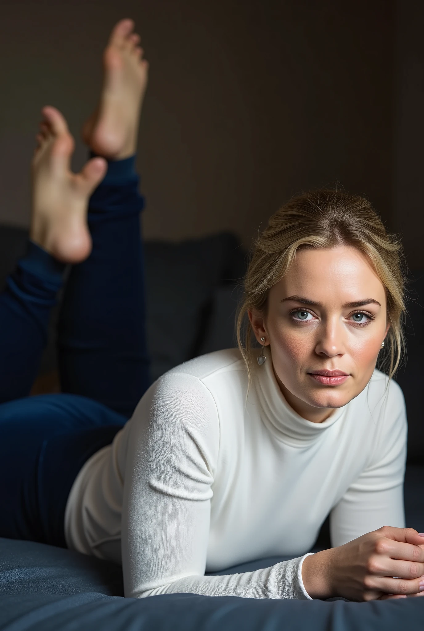 Actress Emily Blunt laying on her stomach doing the pose with her feet kicked up, she is wearing dark blue velour plush leggings and a white turtleneck that accentuate her curvaceous figure