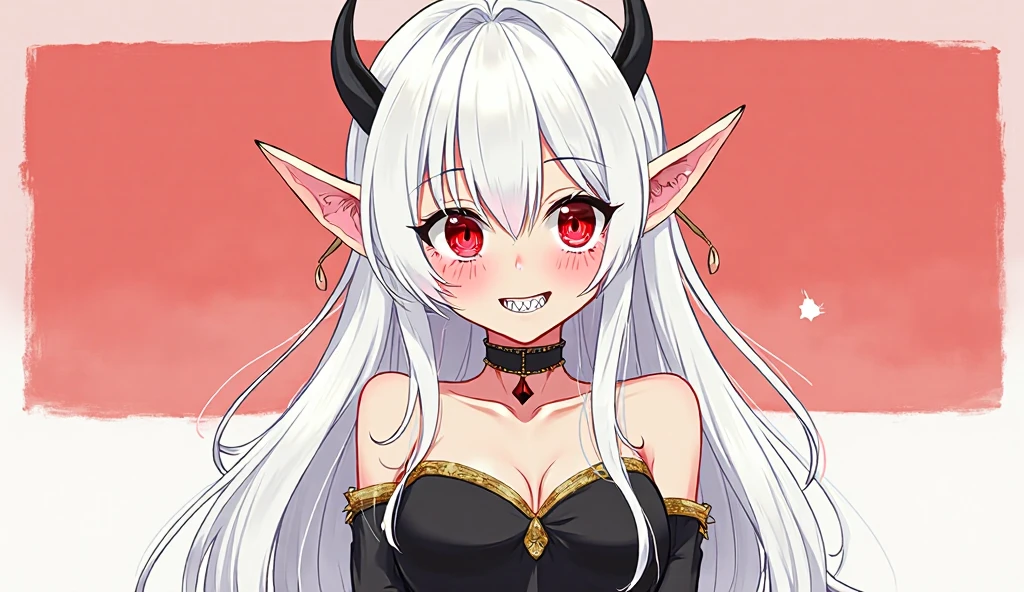 masterpiece, best quality, 1girl, long hair, pointy ears, solo, wings, smile, breasts, open mouth, white hair, red eyes, looking at viewer, small breasts, upper body, dress, long sleeves, vampire, brown eyes, very long hair, black dress, fang<lora:Solo_Max-Level_Newbe_Style-000002:1>