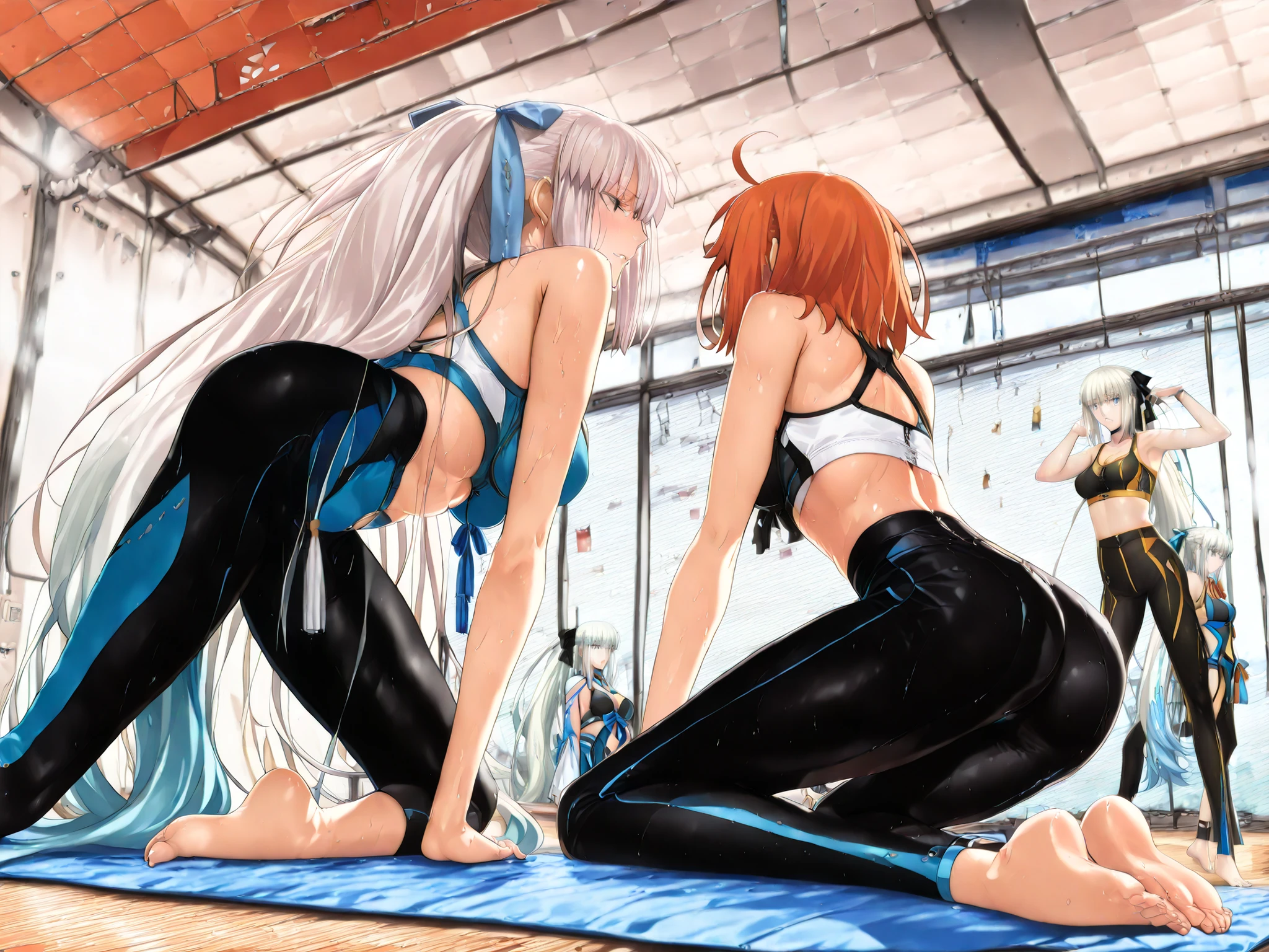 (masterpiece:1.1), (Highest Quality:1.1), (Super Detailed:1.1), (Fate/Grand Order style:1.3), (Thickly painted anime style:1.2), (anime style:1.25), takeuchi takashi,
(3girls:1.3), ((Fate/Grand Order)),
((steamy hot-yoga studio))
((sensual and synchronized yoga atmosphere)), (low angle back shot),
((personA: Morgan le Fay (Fate), white hair:1.4)),
((personB: Fujimaru Ritsuka (female), aaritsuka, orange hair:1.4)),
((personC: Mash Kyrielight, pink hair:0.7)),
((2girls in perfect synchronized same yoga pose on plain mat)),
((barefoot)), ((sports bra)), ((high-waist teal leggings)), (sweat),
((diagonal composition)), (Voluptuous breasts:1.1),